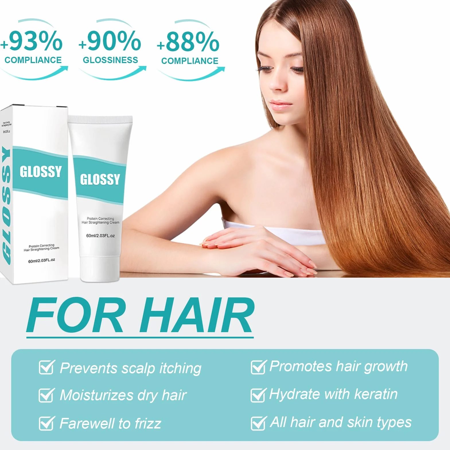 Krem do prostowania włosów, 60 ml, proteinowy krem wygładzający włosy, prostujący krem, do wszystkich rodzajów włosów