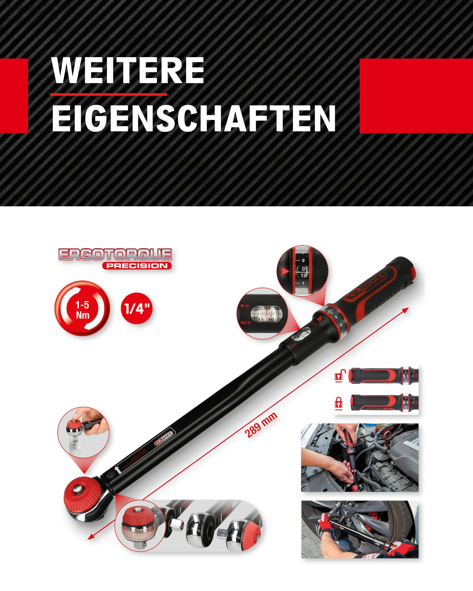 KS Tools 516.1402 1/4" ERGOTORQUE precision klucz dynamometryczny z obrotową głowicą grzechotkową, 1-5Nm
