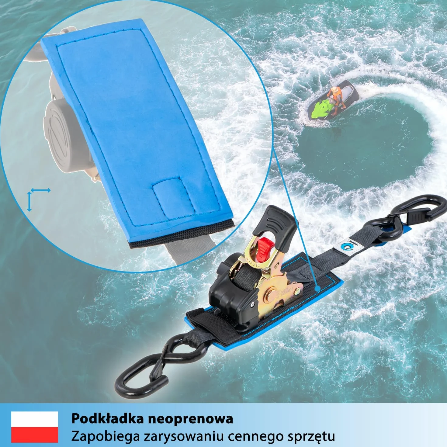valonic RACOON - 2x 1,8m automatic ratchet tension strap, 25mm, 300/600 Kg, wyściełany, EN-12195-2 - z grzechotką, czarny, pasek napinający do motocykli