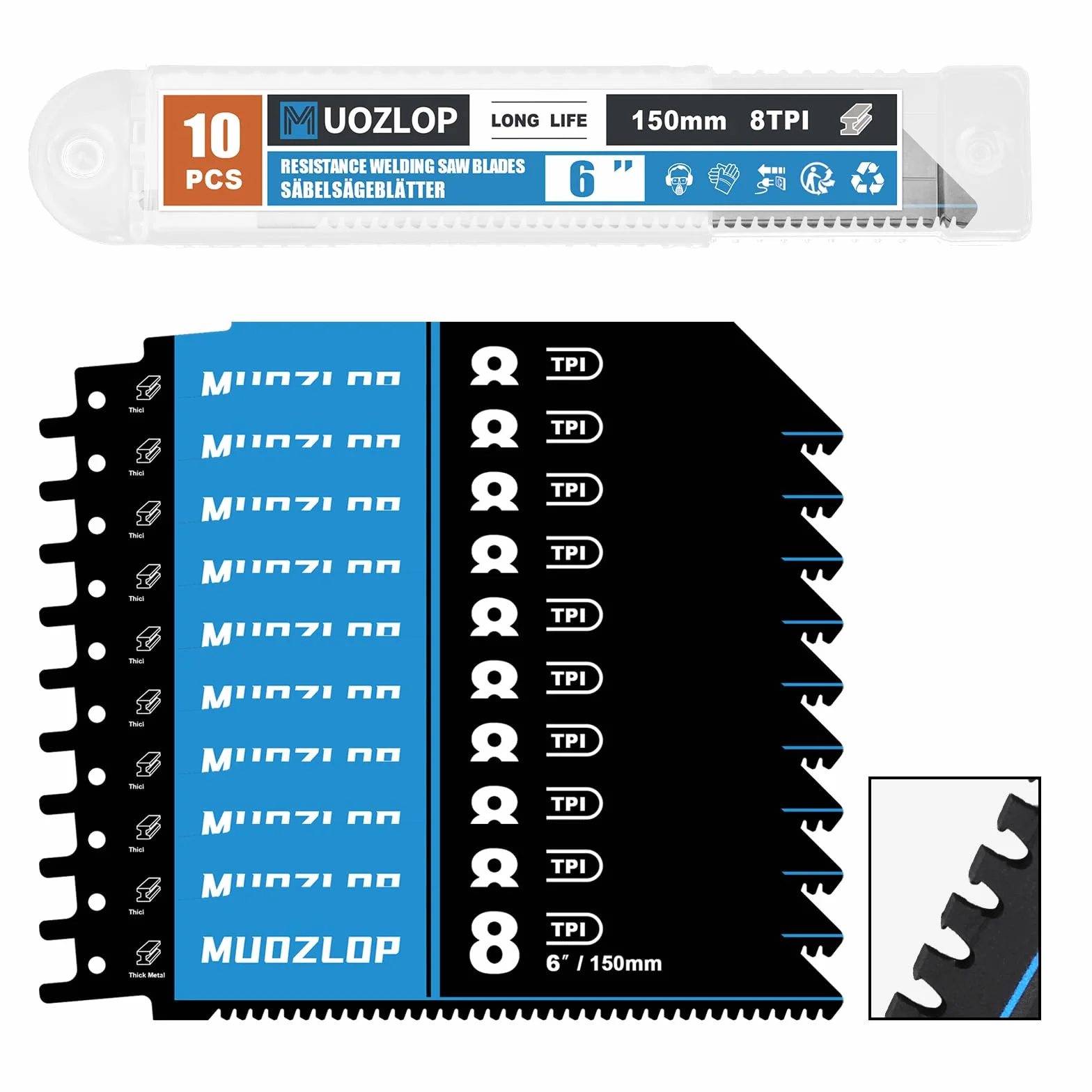 Brzeszczoty do piły szablastej 8TPI 150 mm, 10 sztuk brzeszczotów do piły szablastej z twardego metalu do twardej stali, żeliwa, grubego metalu (10, 8T/150 mm)