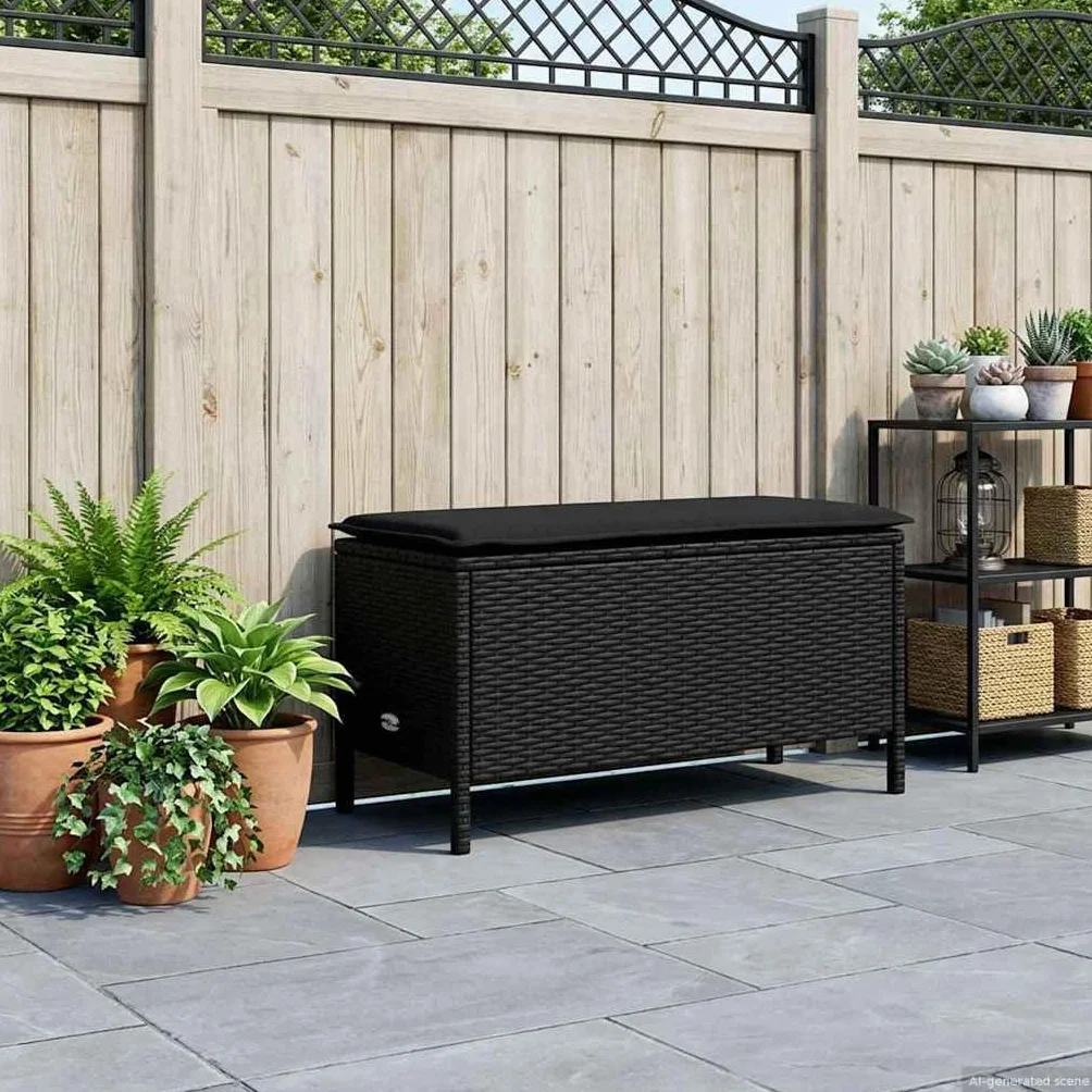 vidaXL Pufa ogrodowa z poduszką Czarny 80 x 38 x 45 cm Rattan PE, Nowoczesny podnóżek do ogrodu, uniwersalne siedzisko na świeżym powietrzu, rattanowy ottoman, minimalistyczny mebel
