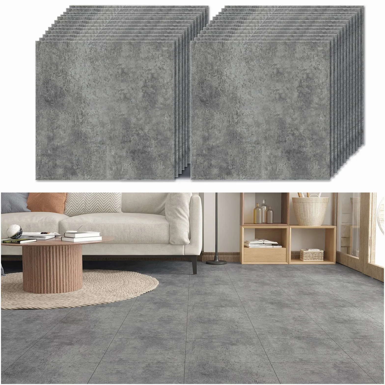 VEELIKE Płytki samoprzylepne Beton Grey Płytka PCV Samoprzylepna podłoga Beton Przemysłowe Naklejki Vintage Płytki Kuchenne Płytki Łazienkowe Płytki PCV Garaż 1,5 mm 30 cm × 30 cm 24 Sztuk