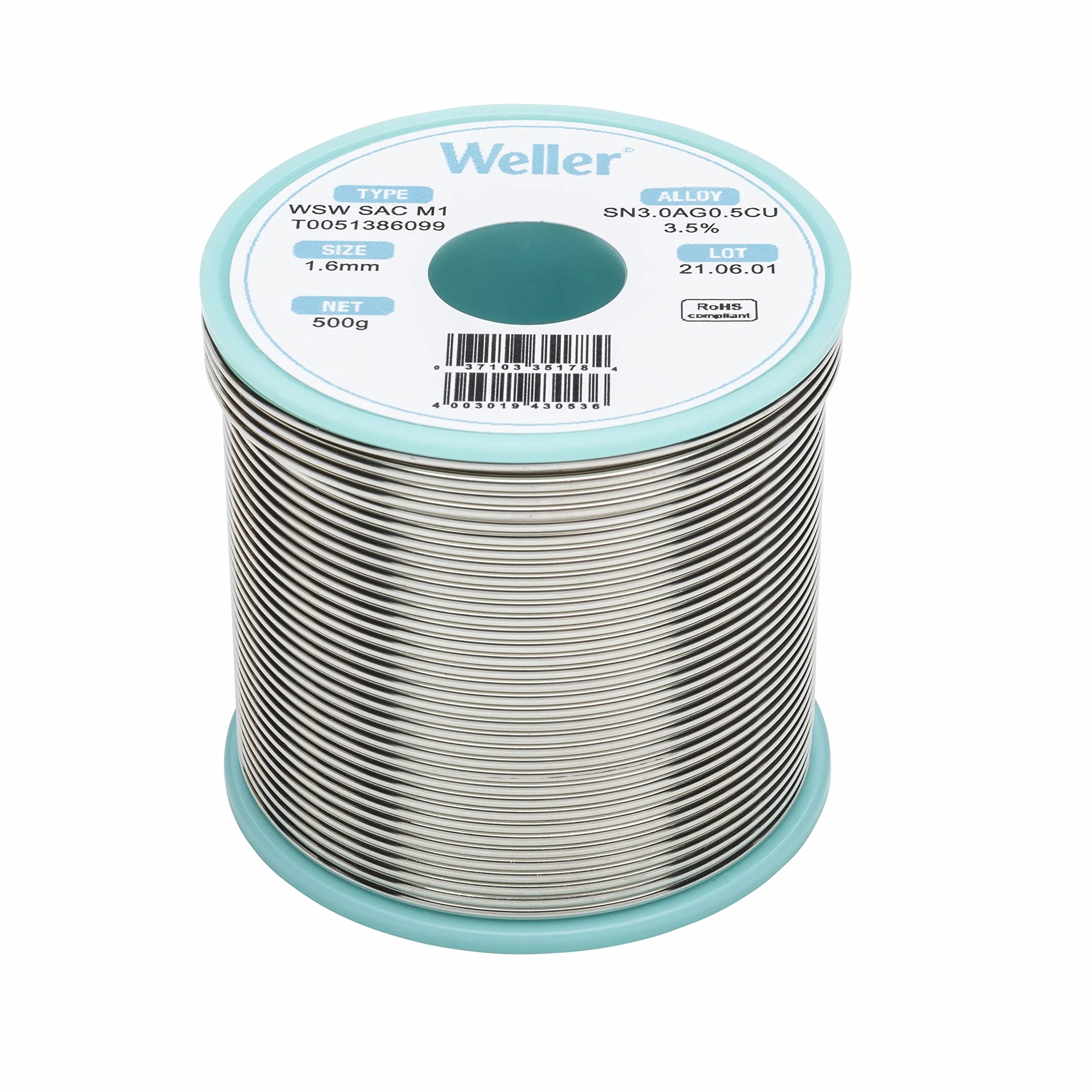 Weller WSW SAC M1 (T0051386099) bezołowiowy drut lutowniczy, Ø 1,6 mm, stop Sn96.5Ag3Cu0.5, zawartość topnika 3,5%, 500 g