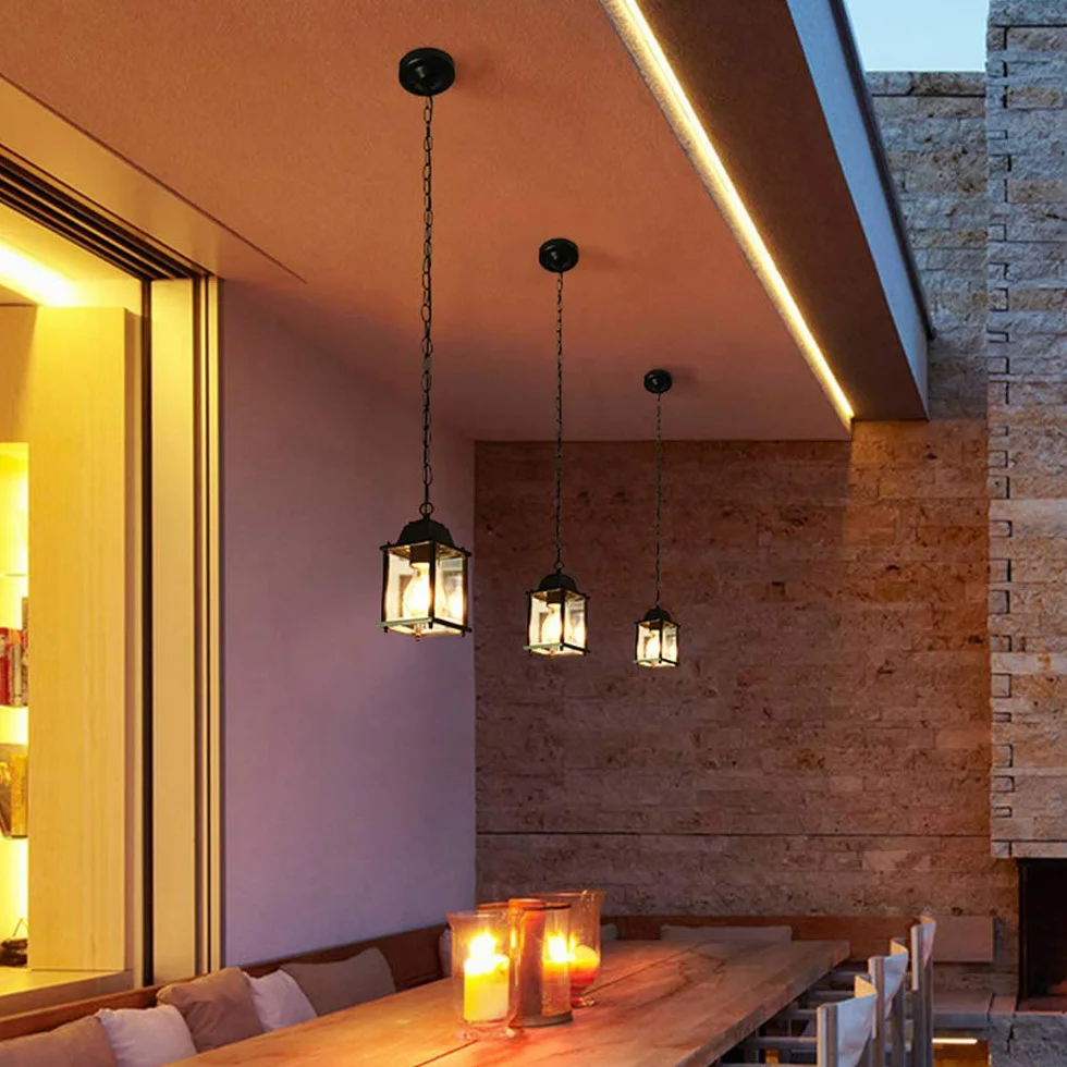 Mengjay Lampa wisząca w stylu retro, czarna, do użytku na zewnątrz, wodoszczelna, E27, z regulacją wysokości, aluminium, do jadalni, na balkon, dekoracyjny pawilon zewnętrzny
