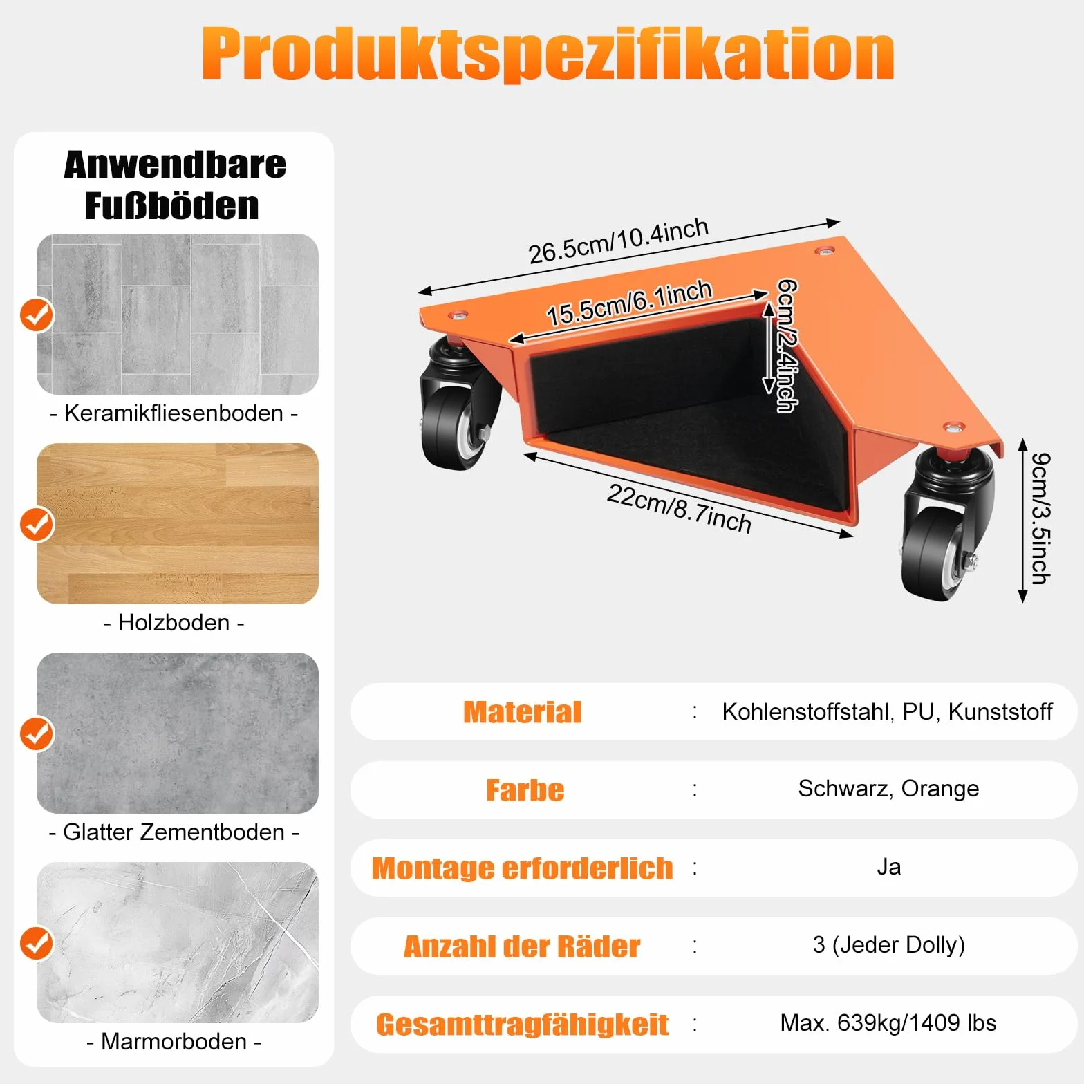 4 sztuki rolek meblowych, do dużych obciążeń, zestaw rolek transportowych do mebli, Mover szafka biurkowa, narożnik do mebli, maksymalna nośność 650 kg, rolki transportowe do mebli