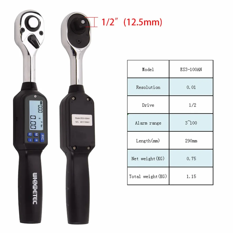 ES3-100AN przenośny przenośny cyfrowy klucz dynamometryczny 1/2 cala, duży ekran z podświetleniem, alarm LED, pomiar szczytowy w czasie rzeczywistym, cztery jednostki, przełączanie, wielofunkcyjny
