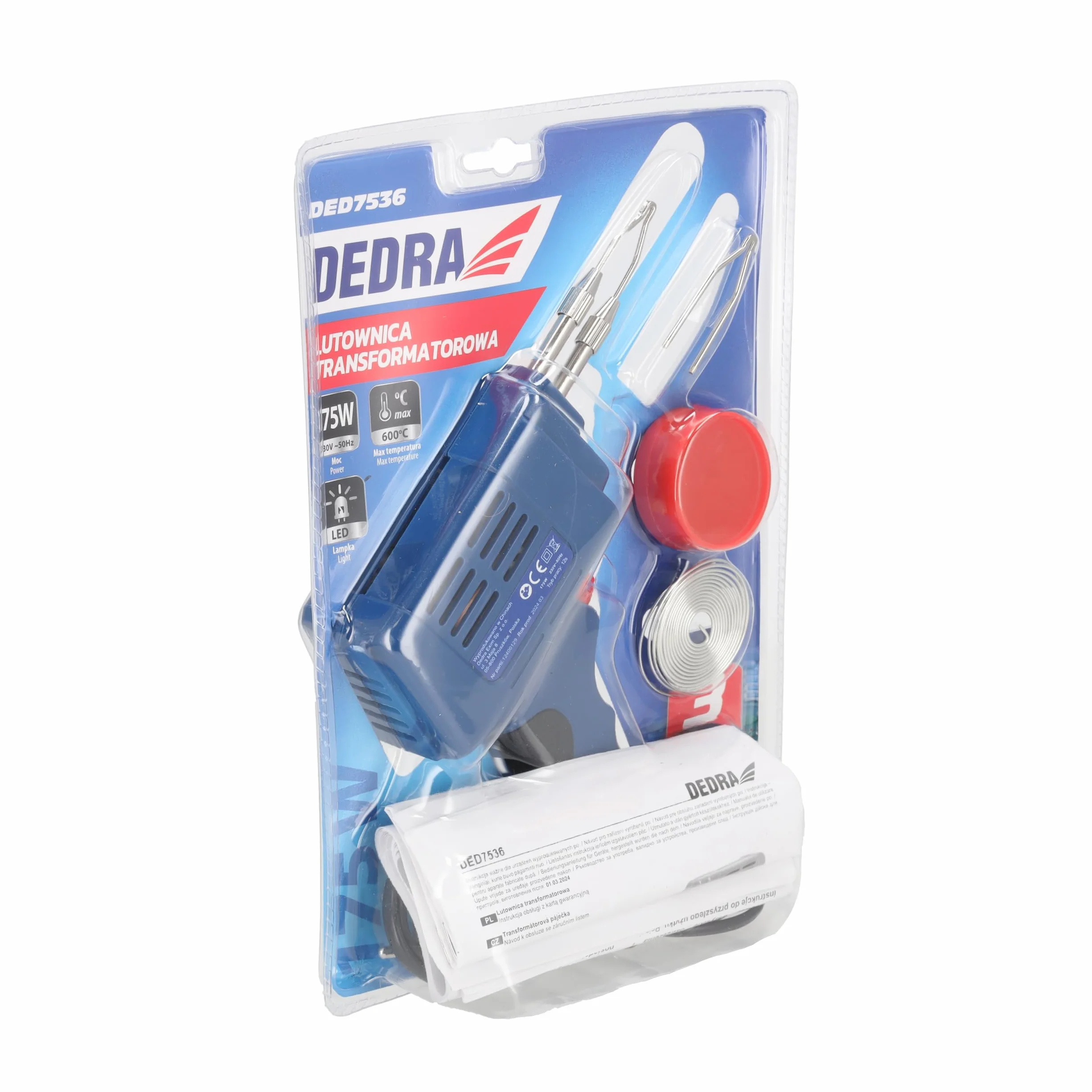 DEDRA DED7536 – 175 W Lutownica Transformatorowa z Podświetleniem LED, 600 °C, Rękojeść Ergonomiczna, Zestaw: 2 Groty + Cyna + Pasta