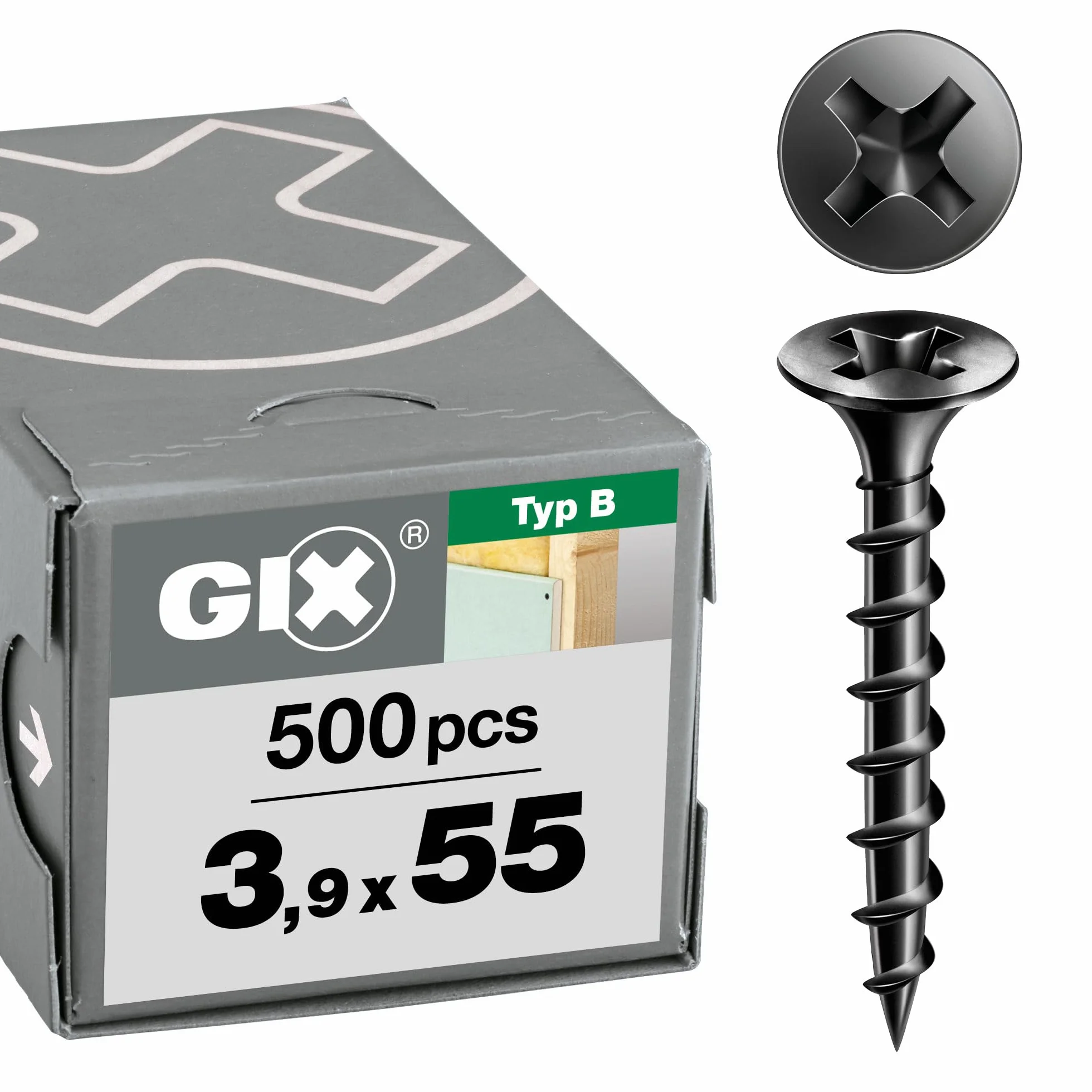 SPAX GIX-B Wkręty do szybkiego montażu 3,9 x 55 mm, gwint gruboziarnisty, 500 sztuk, łeb trąbki, z rowkiem krzyżowym H2, śruby do suchej zabudowy do drewnianych podkonstrukcji – 1891170390555