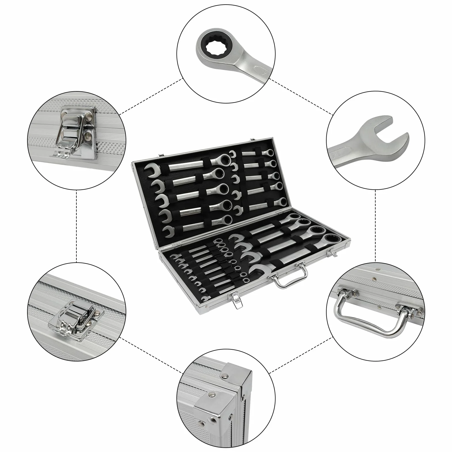 Zestaw kluczy płaskich, 22-częściowy, 6-32 mm, klucze płaskie, klucze płaskie, klucze płaskie, klucz płaski, zestaw kluczy grzechotkowych, wygięty standardowy otwór, z pudełkiem organizera