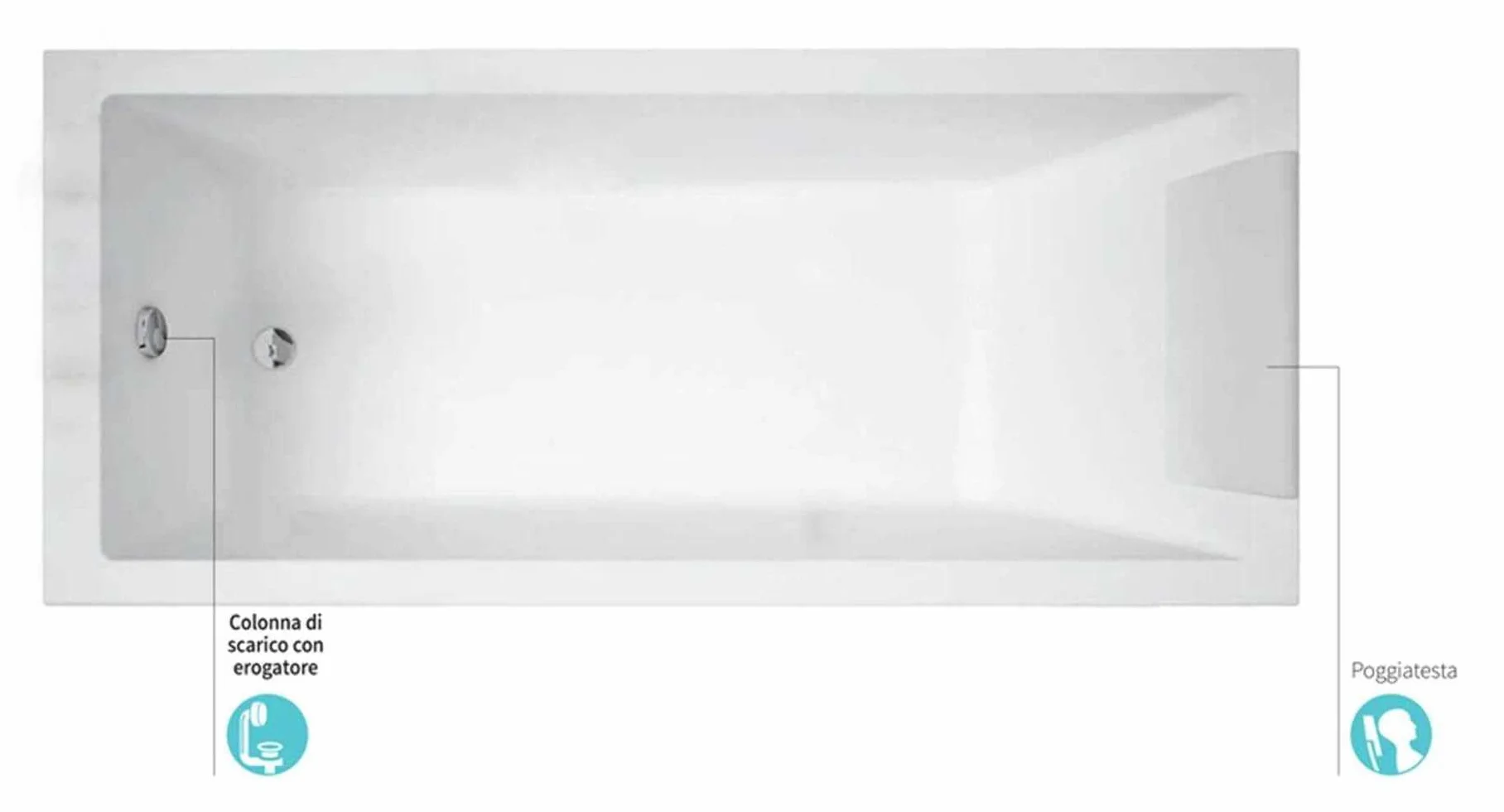 Novellini Calos Standardowa rama 170x70 H58 cm 170 LT wanna prostokątna kwadratowa akrylowa odwracalna biała polerowana kolumna odpływowa 1 panel przedni 1 boczny zagłówek