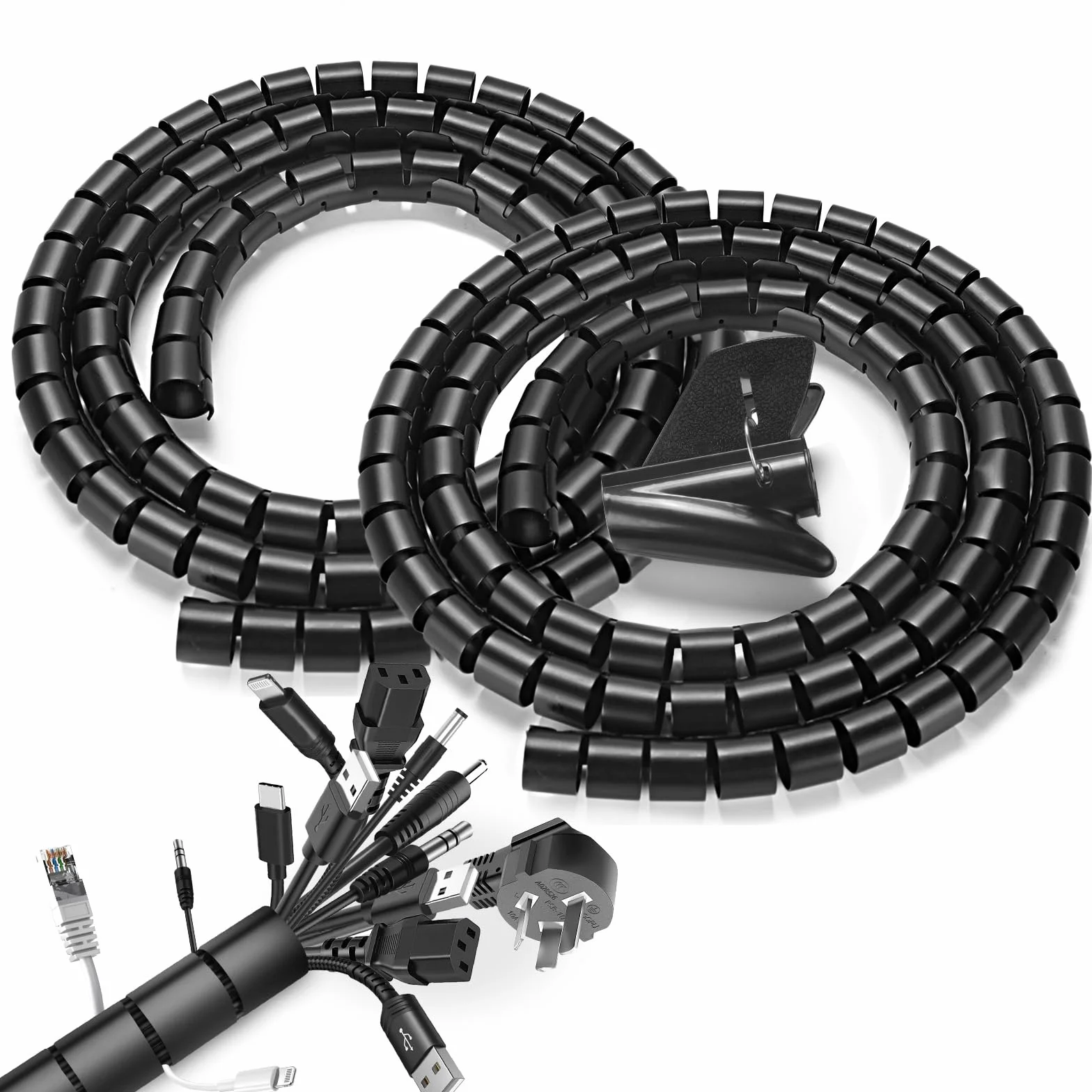 Romon 2 sztuki spiralnych kolektorów kablowych, 22 mm x 1,5 m, elastyczny pojemnik na kable, z 1 klipsem prowadzącym, osłony kabli elektrycznych do telewizora komputera biurowego domu, kolor czarny