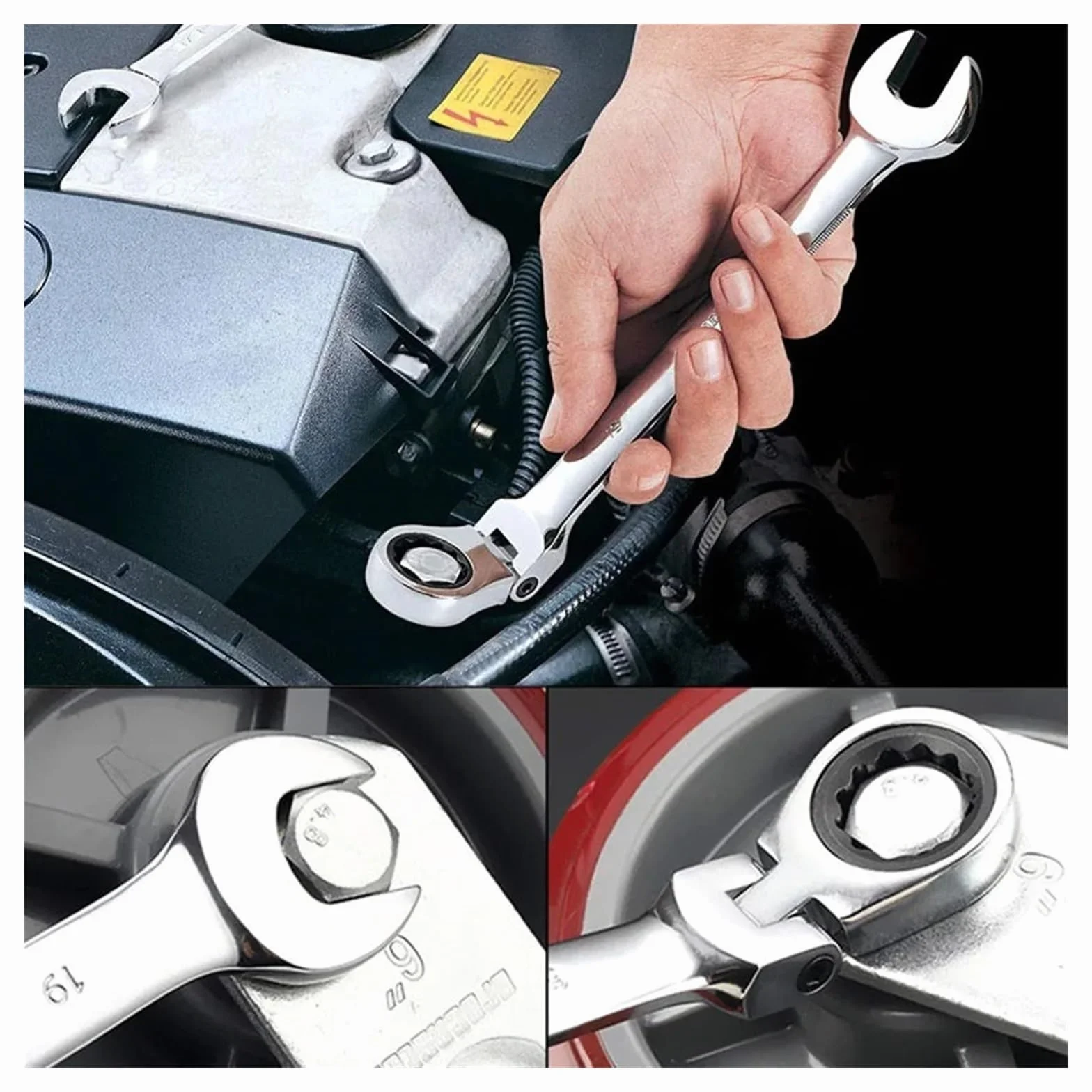 Zestaw 12 Kluczy Grzechotkowych Flex-Head, Metryczne Klucze Płasko-oczkowe Z Grzechotką, CR-V Gear Spanner Torbą Organizacyjną Precyzja W Ciasnych Przestrzeniach(12pcs(8-22mm))