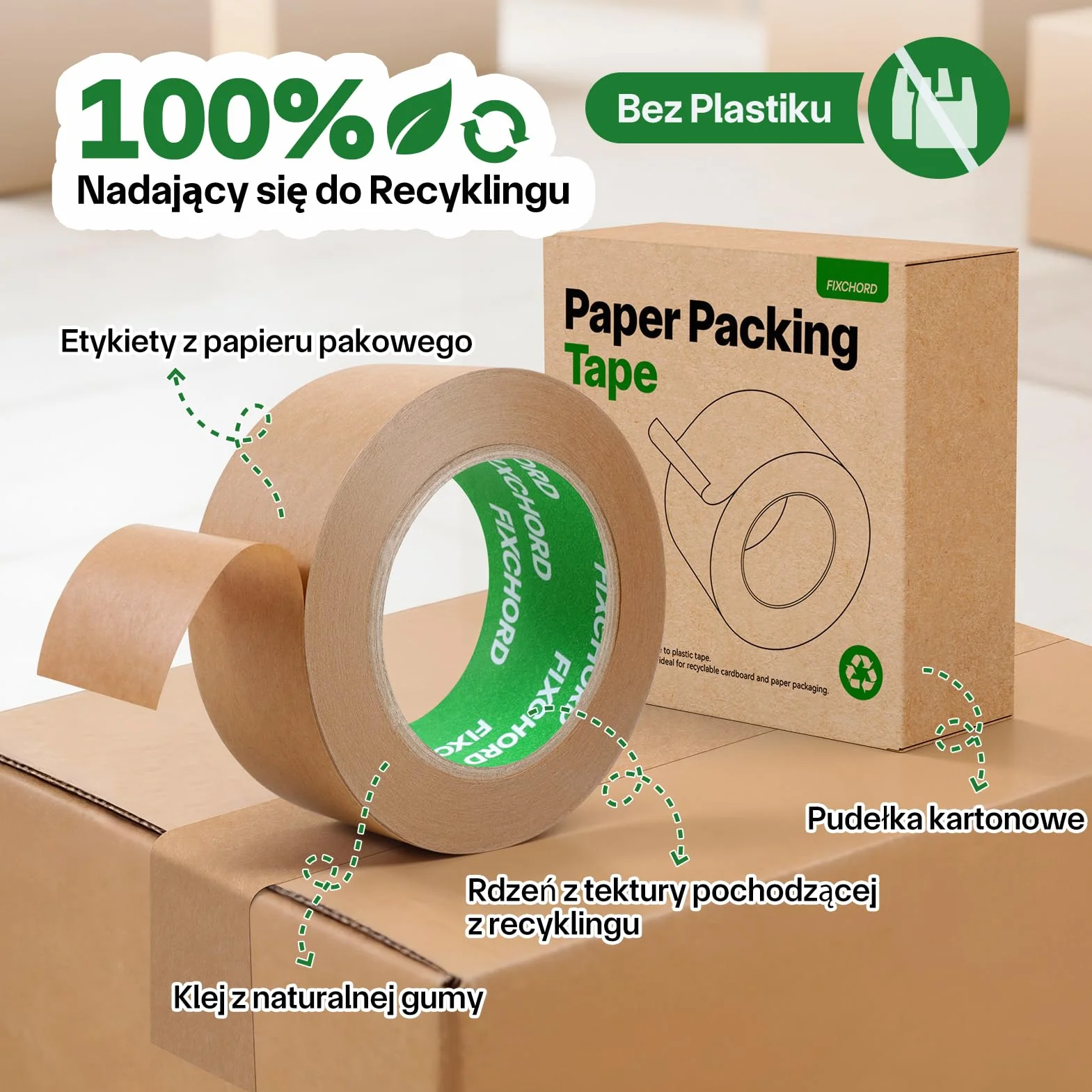 Ekologiczna Papierowa Taśma Pakowa 48mm x 50m | Przyjazny dla Środowiska i Nadający się do Recyklingu | Ekologiczna Taśma Papierowa do pakowania paczek i pudeł, przeprowadzek | 1 Rolka