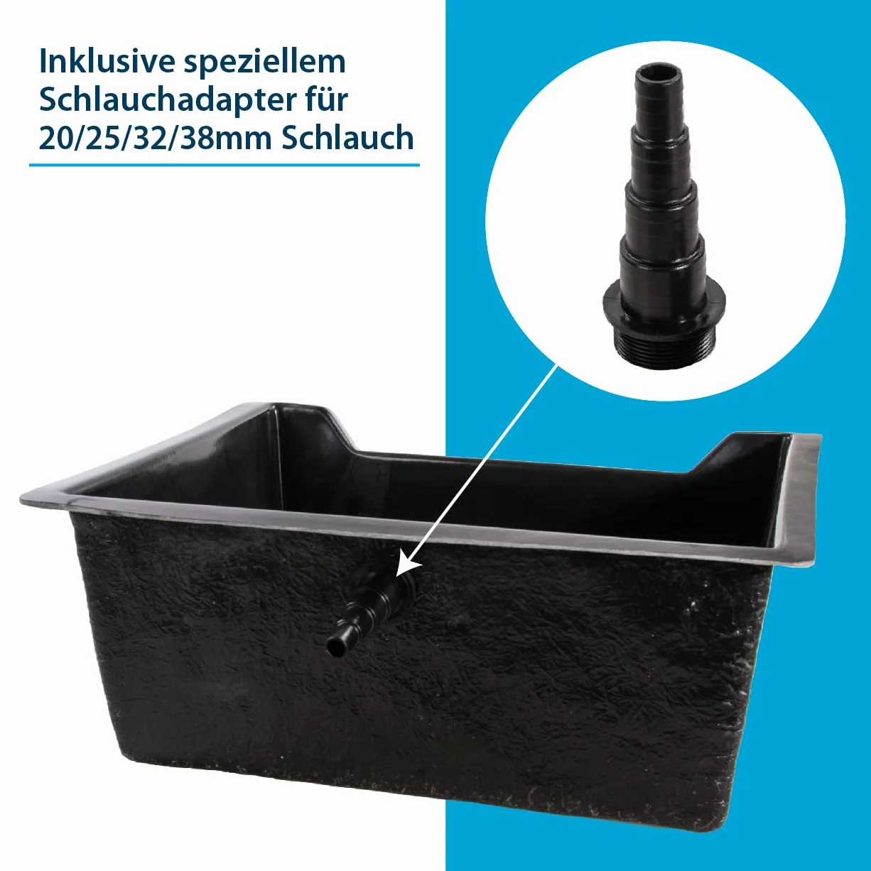 AquaForte Fastfall 72 wodospad, 72 x 62 x 28 cm, poliester o grubości 3 mm, ze specjalnym adapterem do węża 20/25/32/38 mm, zakres przepływu 1300 – 9000 l/h, łatwy montaż
