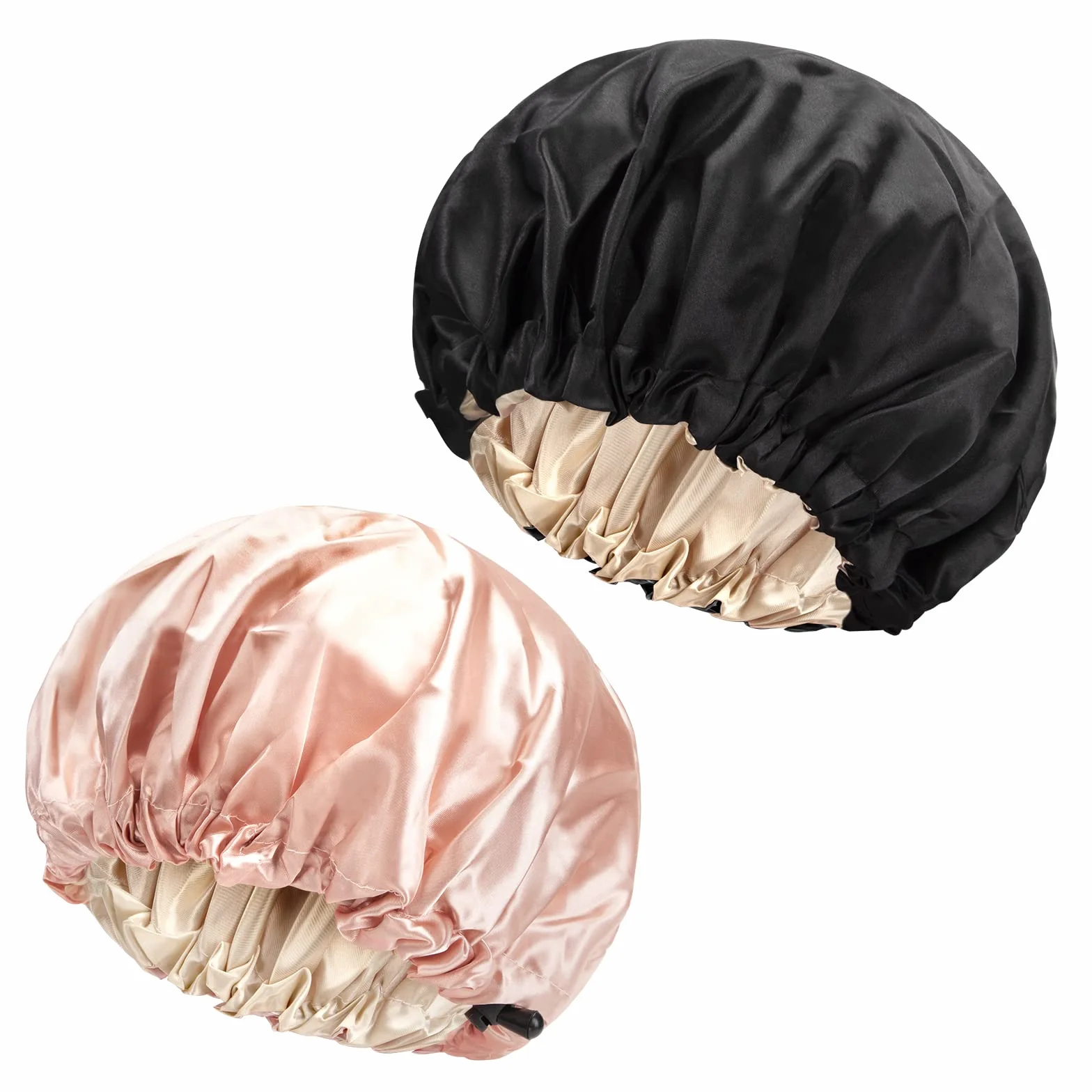 Satin Bonnet 2 szt. czapka do spania na noc, satynowa czapka do spania, regulowana czapka do spania, elastyczny, miękki czepek dla kobiet, dziewcząt, spa, do salonu piękności, kolor czarny i różowy