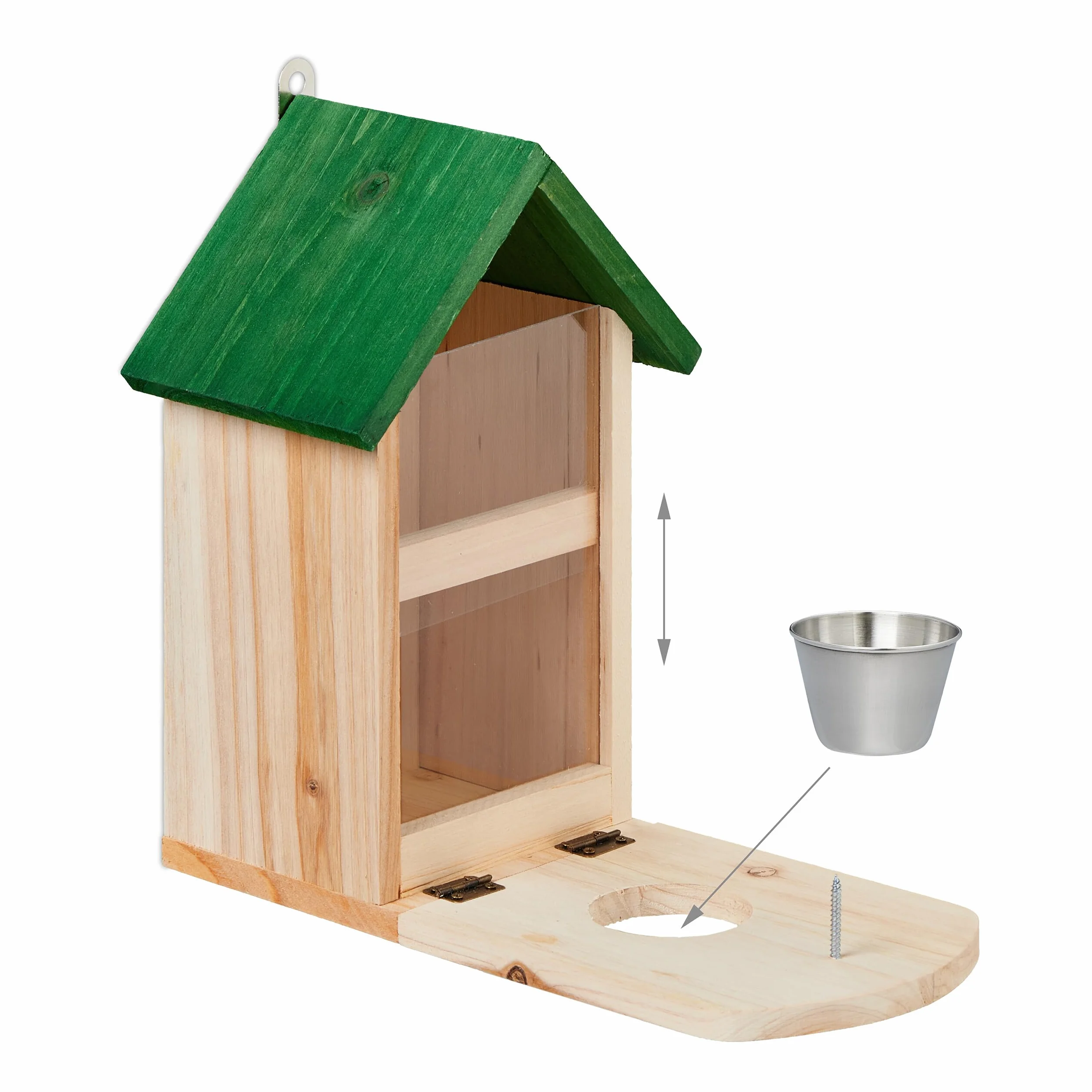 Relaxdays Karmnik dla wiewiórek, drewno, stacja do karmienia wiewiórek z uchwytem na kolbę kukurydzy, miska, platforma do siedzenia, naturalna/zielona, 1 sztuka
