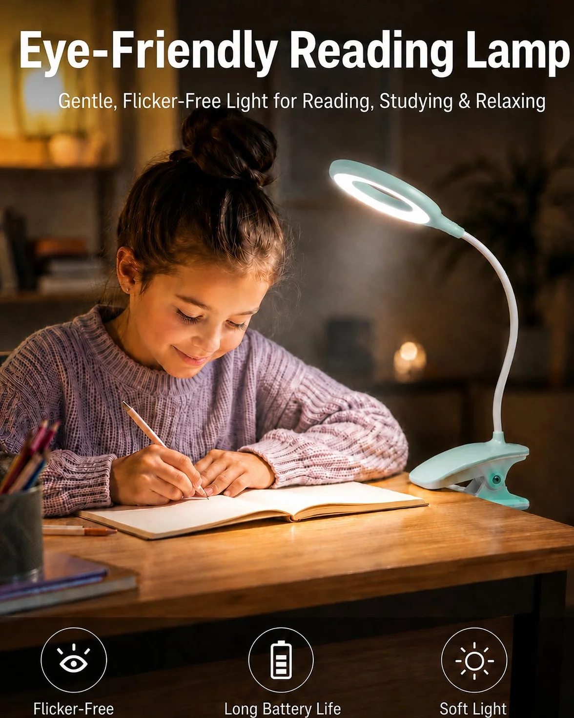 Lampka Zaciskowa do Łóżka dla Dzieci, LED Lampka do Czytania z Klipsem USB, 3 Kolory Światła, Dotykowe Ściemnianie, Lampka Nocna z Elastycznym Ramieniem do Pokoju Dziecka, Łóżka Piętrowego,niebieska