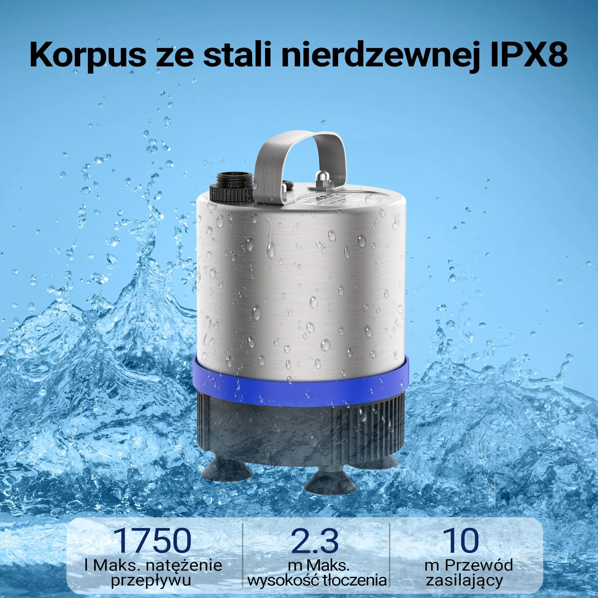 Wiltec pompa fontannowa ze stali nierdzewnej 50 W 1750 l/h 1,6 m 3 nasadki