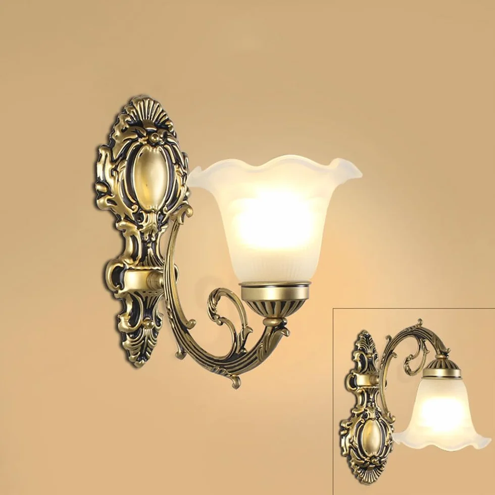 LED Kinkiet Ściany Vintage Retro Mocowany Oprawa z Mleczno-Białymi Szklanymi Abażurami do Salonu, Sypialni, Korytarza, E27 Styl Rustykalny Kwiatowy Średniowieczny