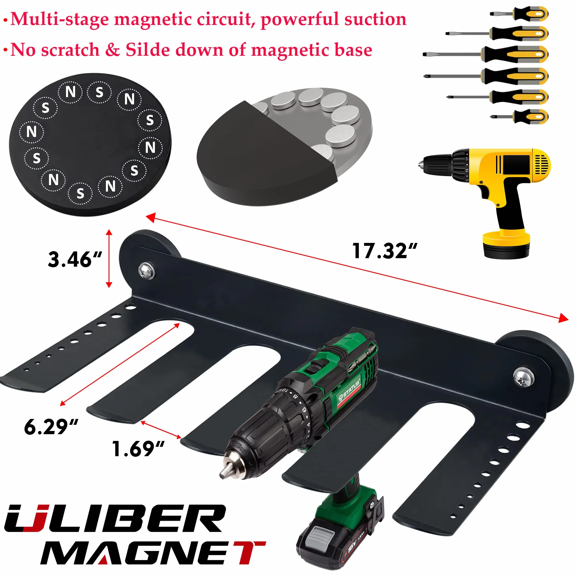 ULIBERMAGNET Magnetyczny organizer na elektronarzędzia, półka do przechowywania z uchwytem na śrubokręt, wytrzymały uchwyt na wiertarkę akumulatorową, zdejmowany stojak na narzędzia, nadaje się do garażu, warsztatu i magazynu