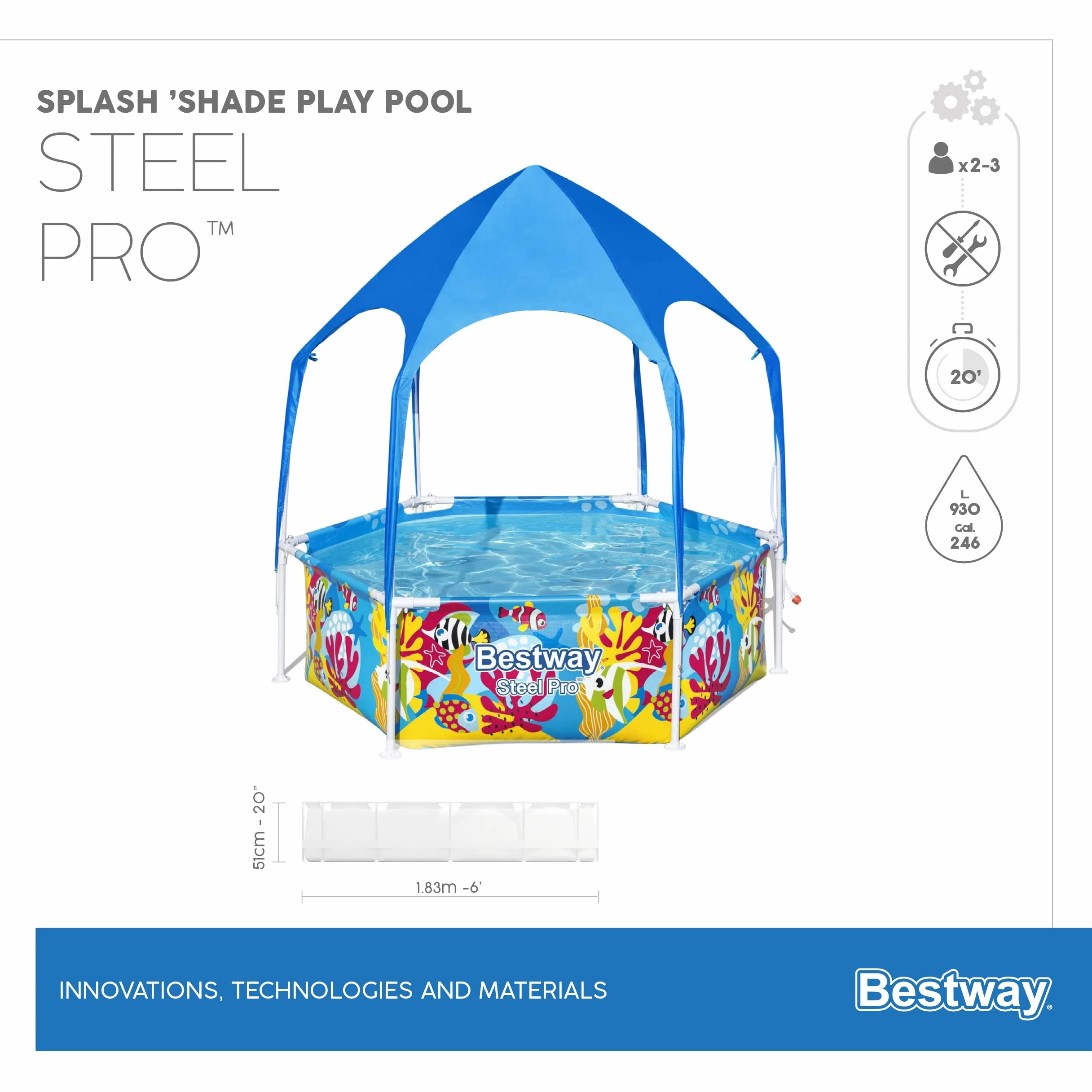 Bestway Splash in Shade 1,83 m x 1,83 m x 51 cm okrągły basen z wkładką DuraPlus i baldachimem UV