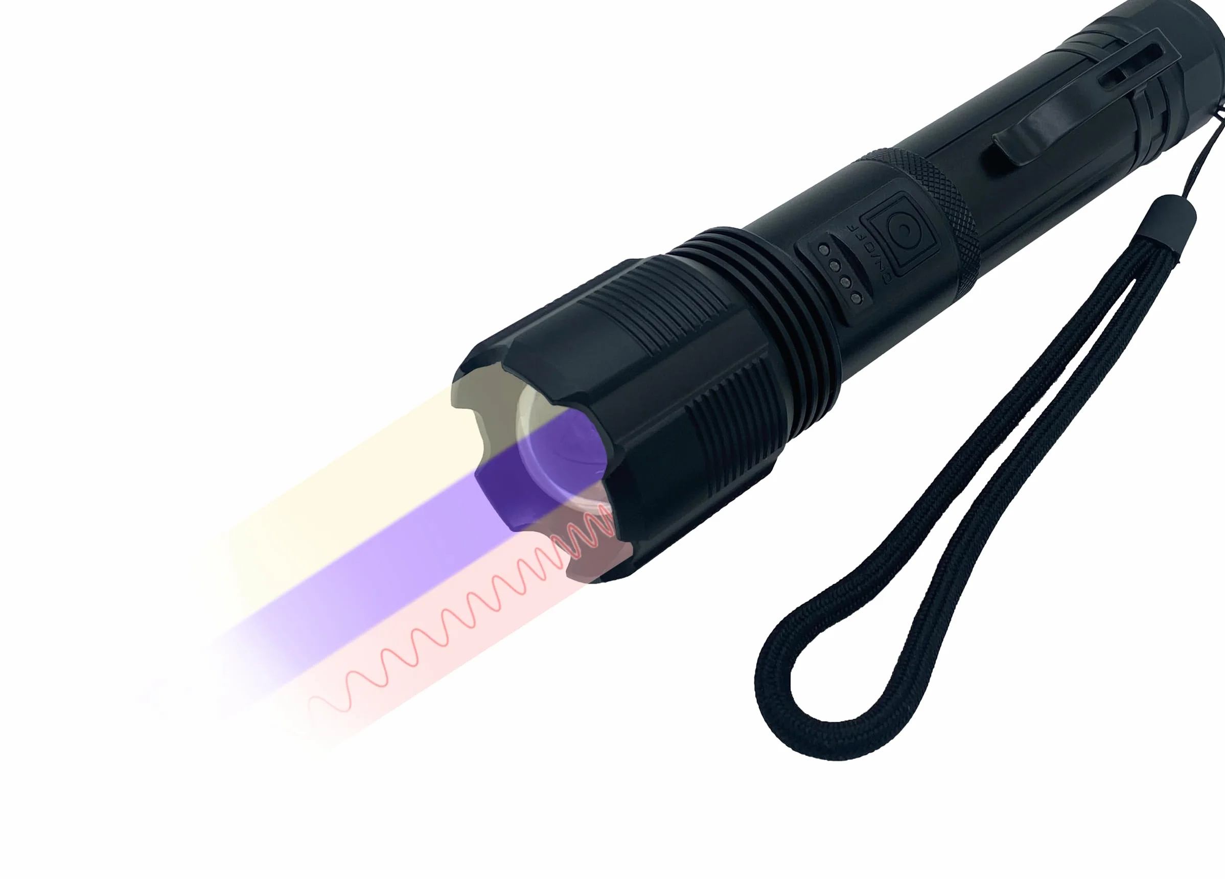 Berger + Schröter | trójfunkcyjna latarka LED, biała, 940 nm IR, 395 nm UV czarne światło, średnica 25 mm, ładowalna wraz z akumulatorem, z klipsem do paska