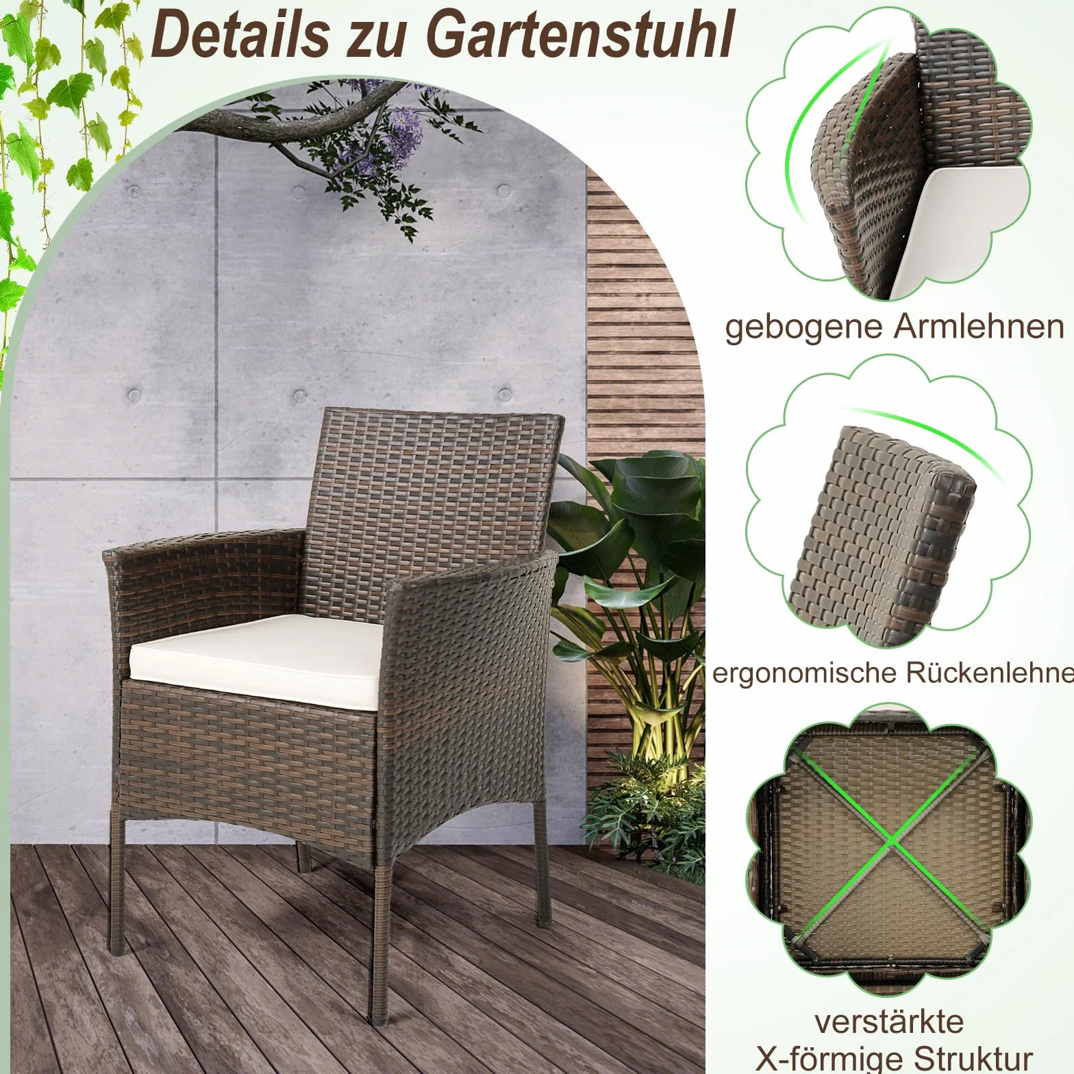 COSTWAY Zestaw 4 krzeseł rattanowych ogrodowych z poduszką, metalową ramą