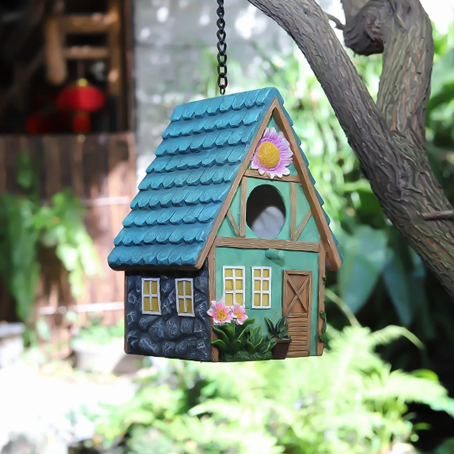 Drewniany domek dla ptaków 21 x 15 x 13 cm dekoracyjny dach wiszący do ogrodu
