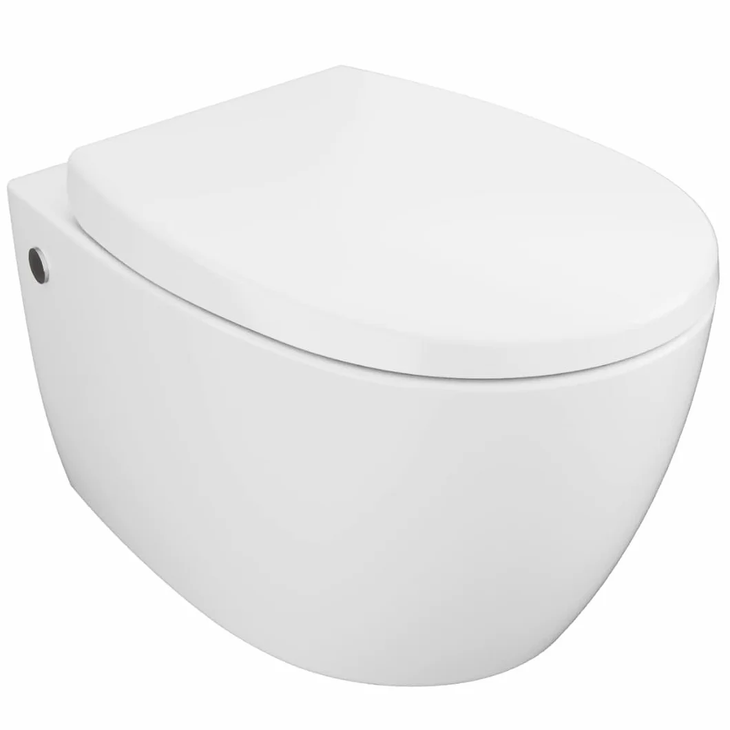 Aqua Bagno | Wisząca WC bez krawędzi spłukiwania z duroplastu Softclose, biała ceramiczna toaleta, spłukiwacz do spłukiwania, długość 51 cm
