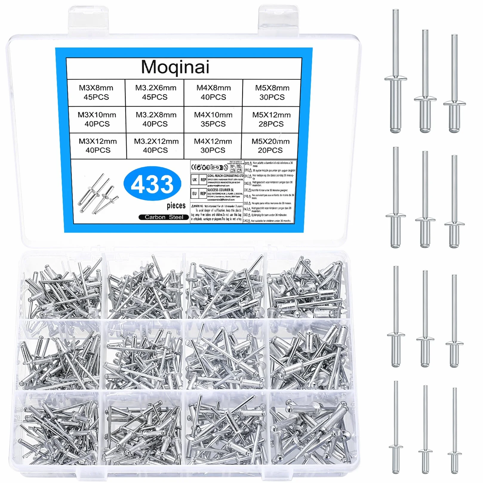 433 szt. Zestaw Nitów Aluminiowych, Nity POP z Dużym Kołnierzem, Aluminiowe Nity Zrywalne do Metalu Drewna Plastiku, Nity do Nitownicy – M3/M3.2/M4/M5 (6–20 mm)
