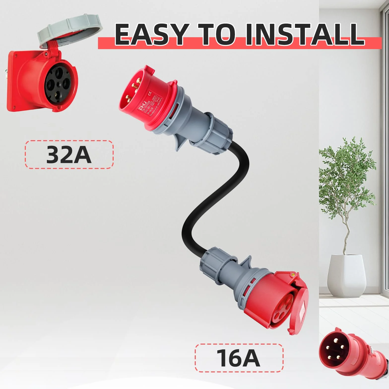 Adapter Cee 32A na 16 A 5-pinowy przenośny wodoodporny IP44 0,5 m wysoki prąd 5x2,5 mm² do pojazdów elektrycznych, domu, warsztatu, budowy, przemysłu
