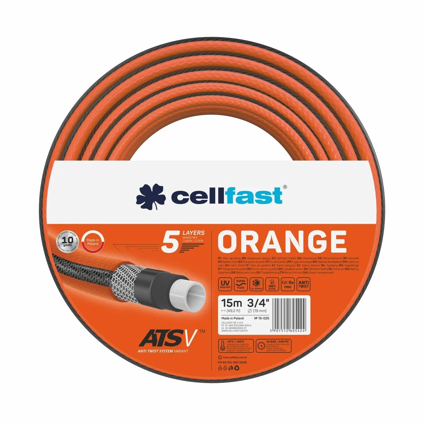 Cellfast Wąż Ogrodowy ORANGE 3/4" 15m 24 Bar 5-Warstwowy Odporny na UV