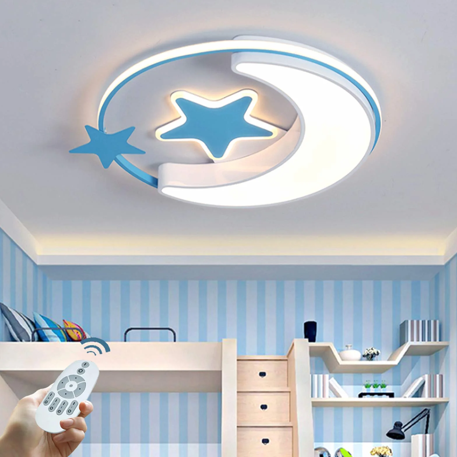 LED sufitowa gwiazda i księżyc, nowoczesna, kreatywna, okrągła z ściemnianiem, pilot zdalny, oświetlenie dla dzieci, do pokoju, sypialni, salonu, dekoracja sufitowa, niebieska, 45 cm