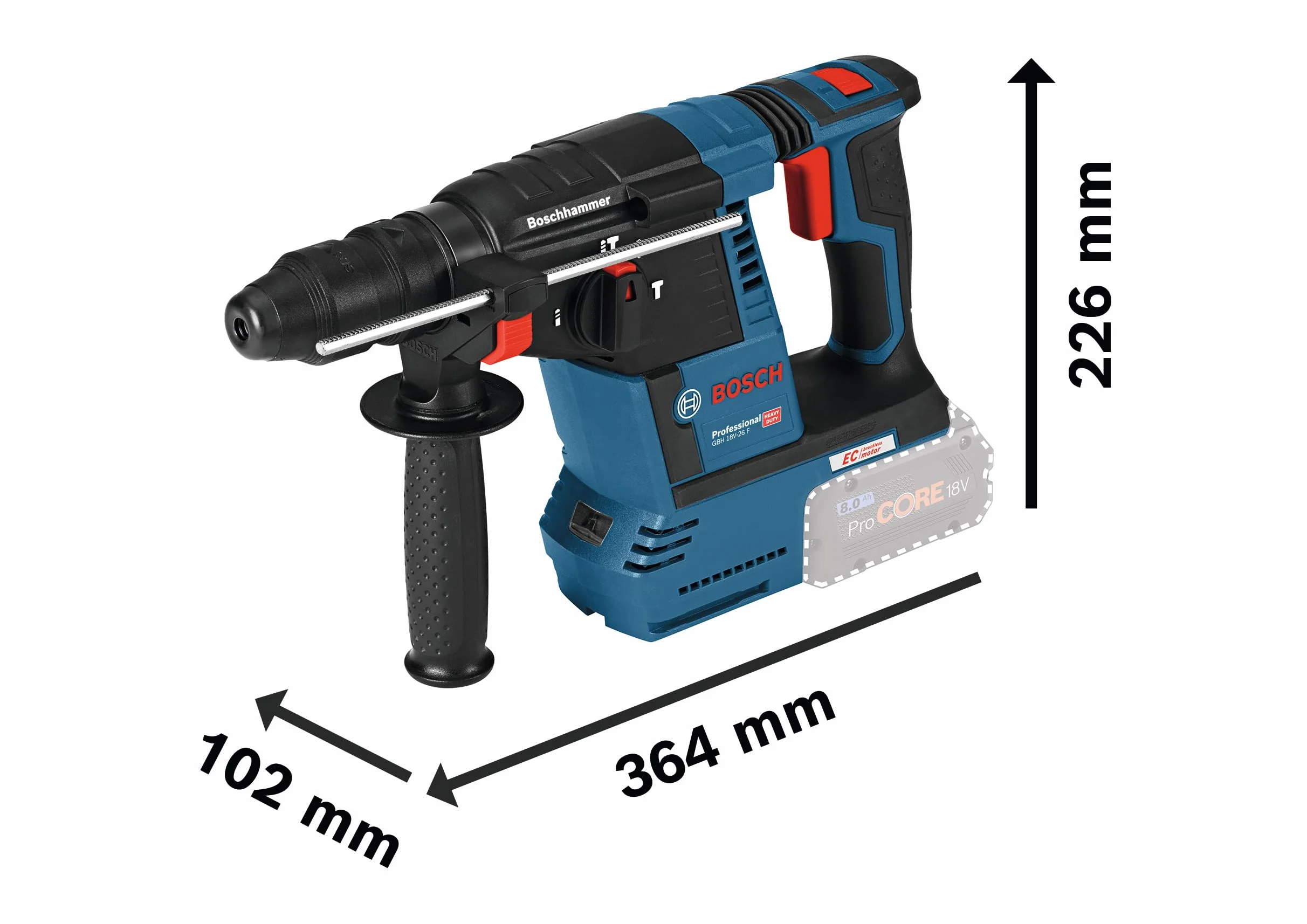 Bosch Professional system 18V: akumulatorowy młot udarowo-obrotowy GBH 18V-26 F (2 akumulatory ProCORE18V 5.5 Ah, ładowarka GAL 1880 CV, walizka L-BOXX)