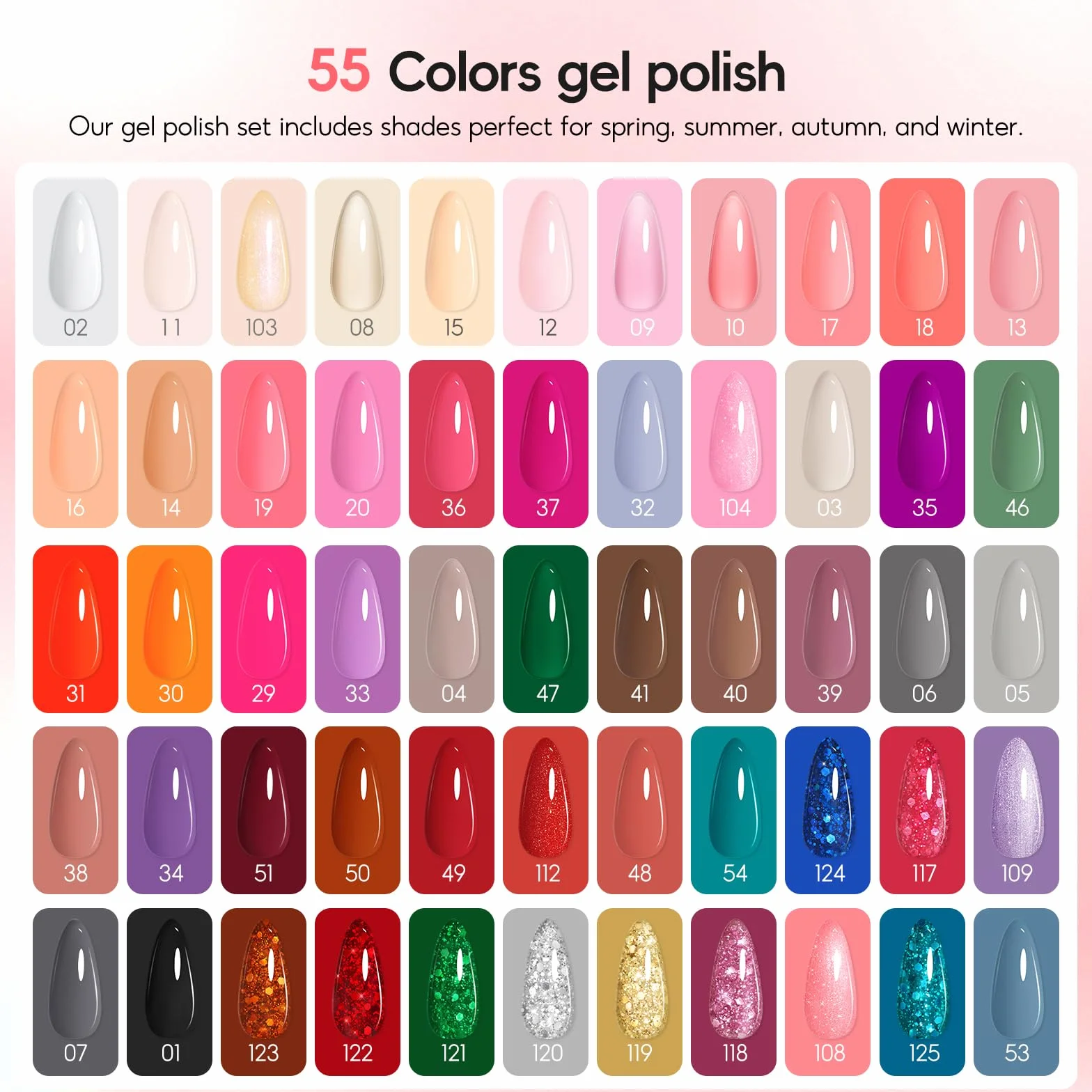 PEACECOLOR 73 szt. Zestaw półtrwałych paznokci i lampy, 55 kolorów półtrwały żelowy lakier do paznokci z podstawą Top Matowy Top Coat Zestaw do manicure półtrwały dla początkujących