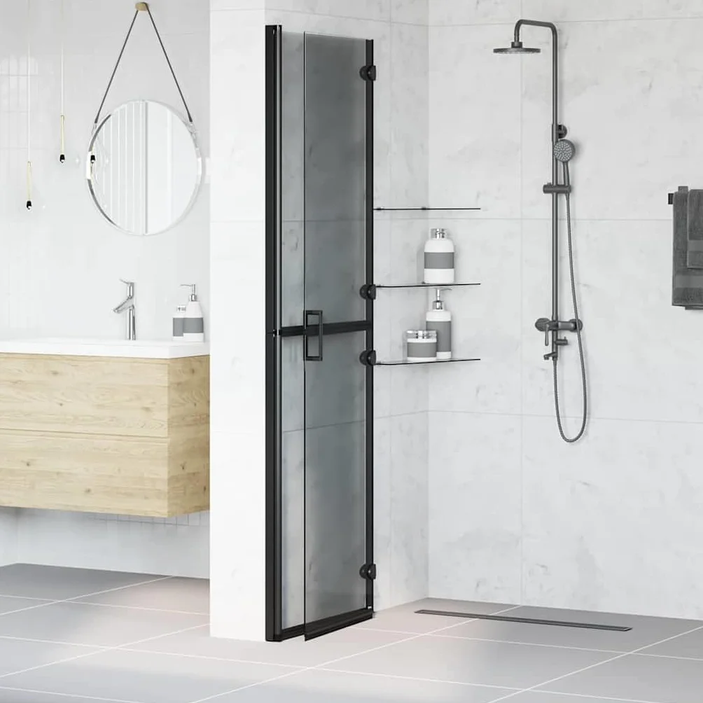 Ścianka prysznicowa Walk-In czarna z aluminium i szkła hartowanego, 110 x 6,5 x 190 cm, składana, do łazienki, ochrona przed rozpryskiwaniem, zajmuje mało miejsca szklana ścianka do wnętrz