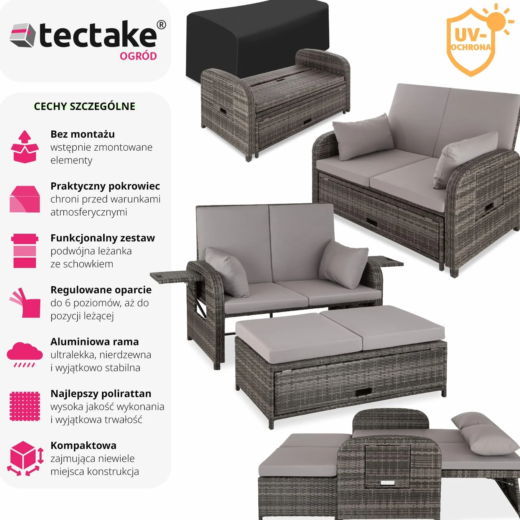 tectake® Sofa Ogrodowa z Technorattanu, Multifunkcyjna z Systemem Sprężyn, Regulowane Oparcie, Wodoodporne Poduszki, Bez Montażu, z Pokrowcem (Szary)