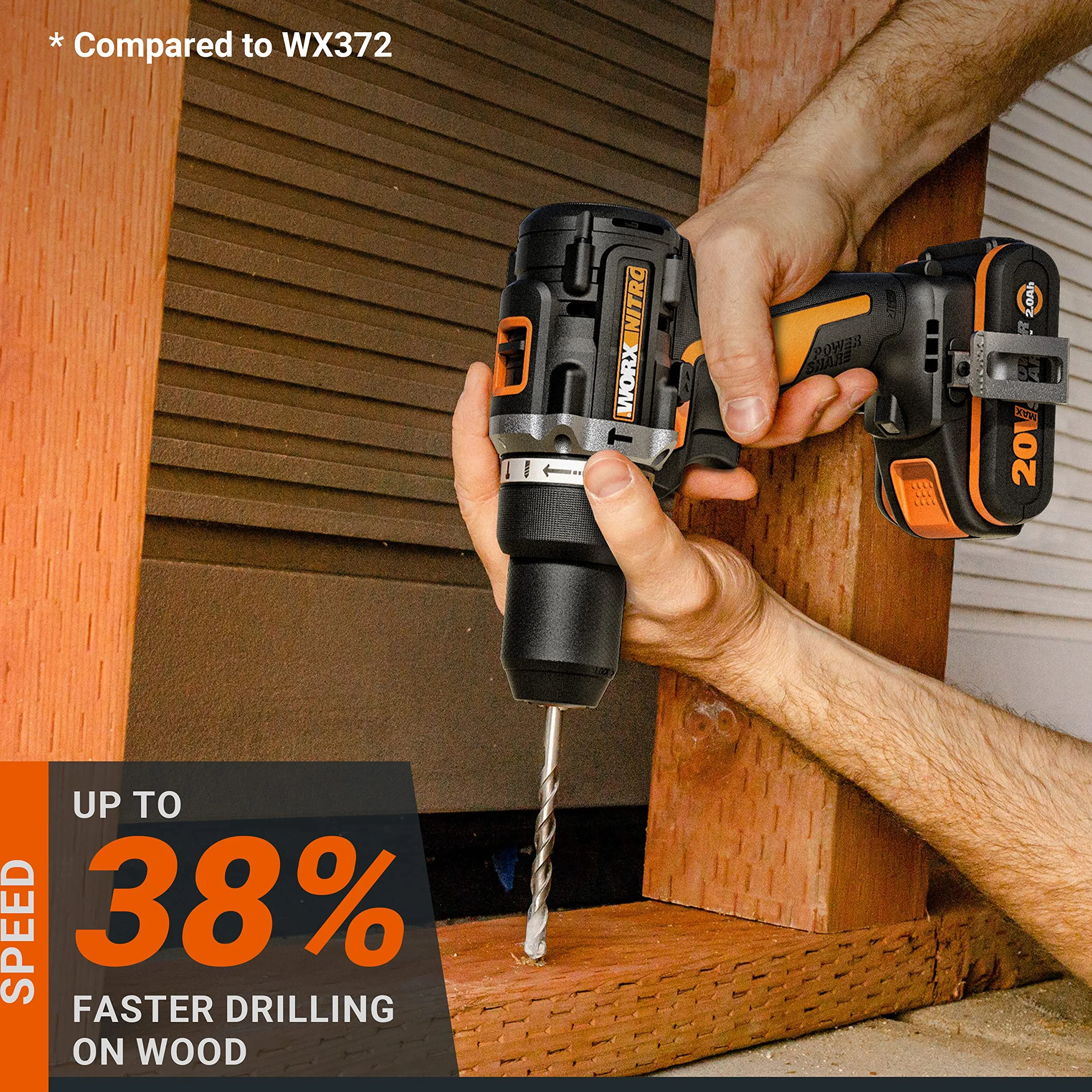 WORX Nitro WX352.4 akumulatorowa wiertarka udarowa 20 V, silnik bezszczotkowy, 60 Nm, regulowana prędkość obrotowa, światło LED (w zestawie 75 sztuk bitów, 2 akumulatory 2,0 Ah PowerShare w zestawie)