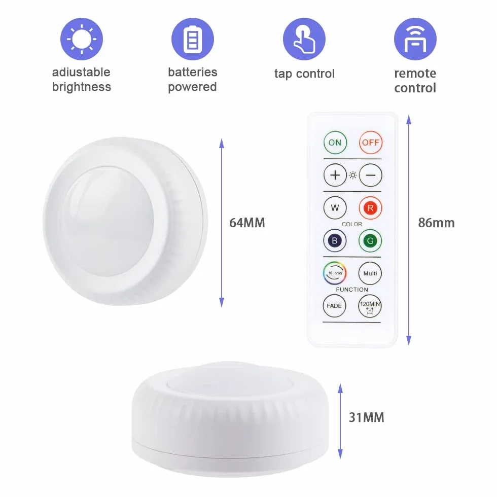Vicloon LED Spots Zasilane bateryjnie z pilotem, 3 sztuki Oświetlenie szafki LED RGB 16 kolorów, ściemniane, z magnesem/klejem do sypialni, szaf, szafek, kuchni
