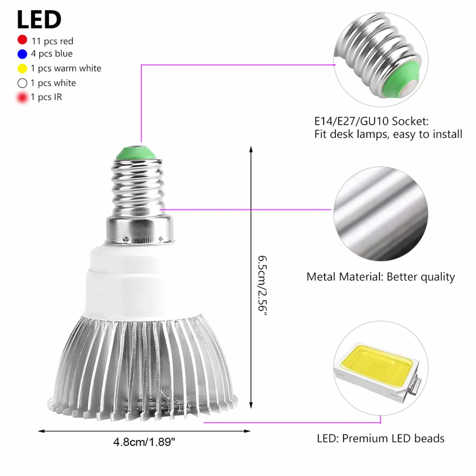LED Grow Bulb Pełne Spektrum 18W 18 Diod E14 do Roślin