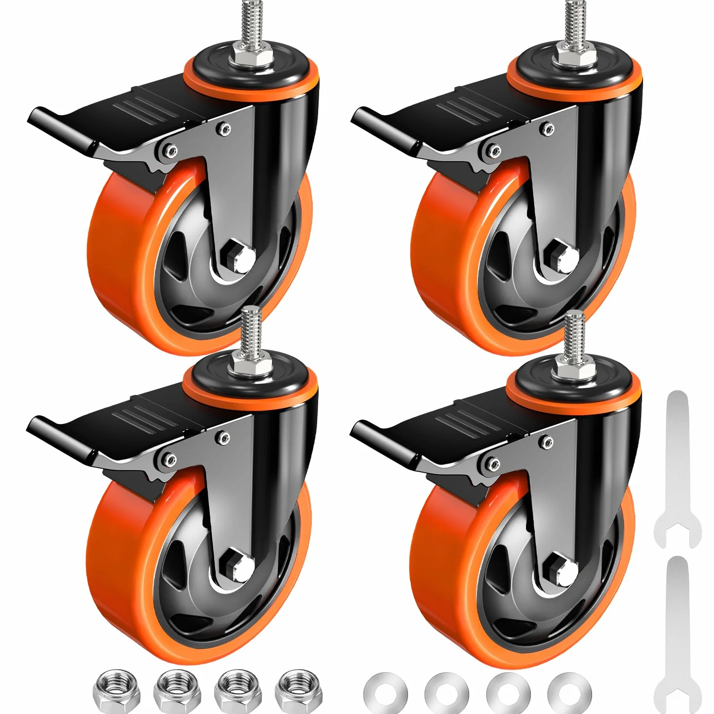 Kółka jezdne, wytrzymałe, 3-calowe, trzpień 1/2"-13 x 1 (średnica trzpienia 1/2", długość trzpienia 1"), zestaw 4 kółek z blokadą bezpieczeństwa, przemysłowe kółka jezdne do wózków i mebli