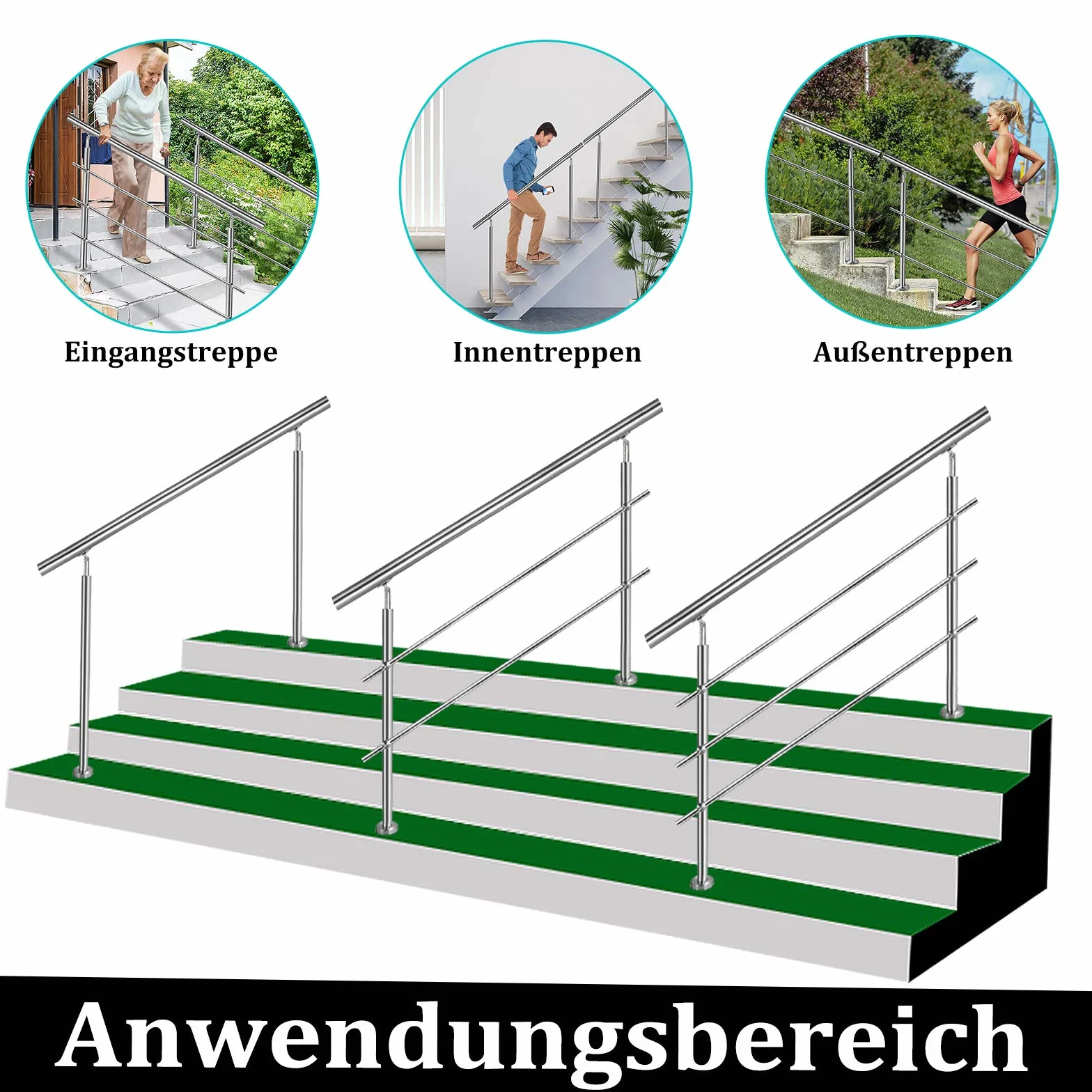 Aufun Poręcz ze stali nierdzewnej, 80 cm, poręcz schodowa do wewnątrz i na zewnątrz, z 2 słupkami, do schodów, balustrady, na balkon (80 cm, 2 poprzeczki)