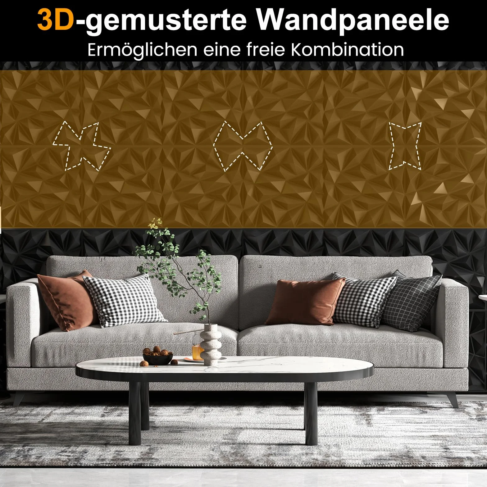 COSTWAY 40 sztuk paneli ściennych 3D, diamentowe, 50 x 50 cm, okładzina ścienna do wnętrz, płyty ścienne, panele sufitowe, PCW, 10 m², do salonu, sypialni (czarne)