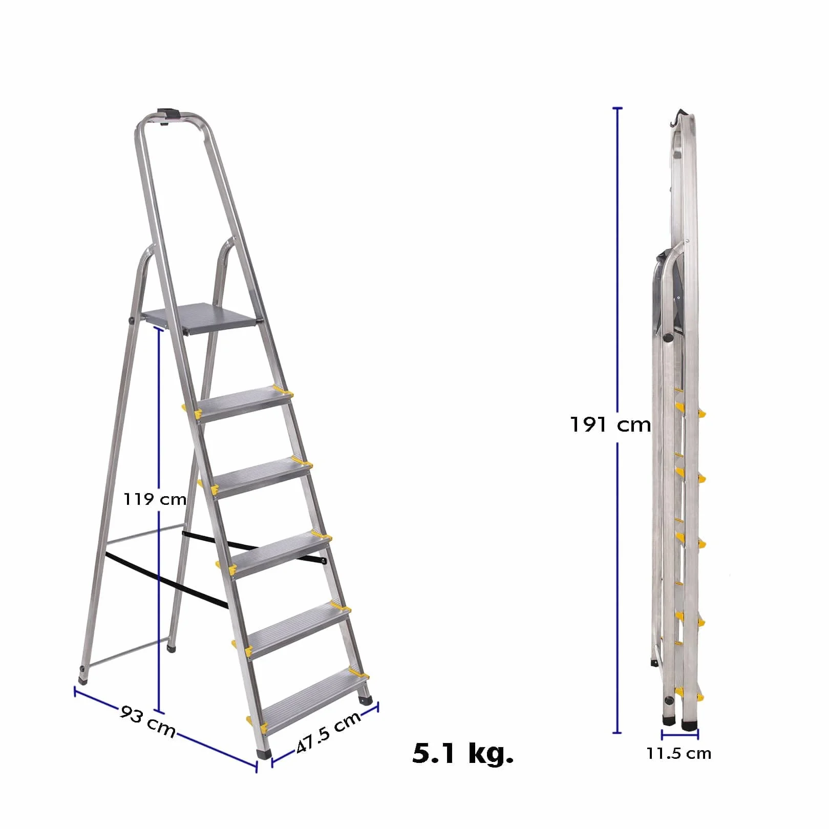 6-stopniowa drabina DURA składana, lekki aluminiowy podnóżek, wysokość platformy 119 cm, antypoślizgowe nóżki, obciążenie 150 kg, 5 lat Hoström