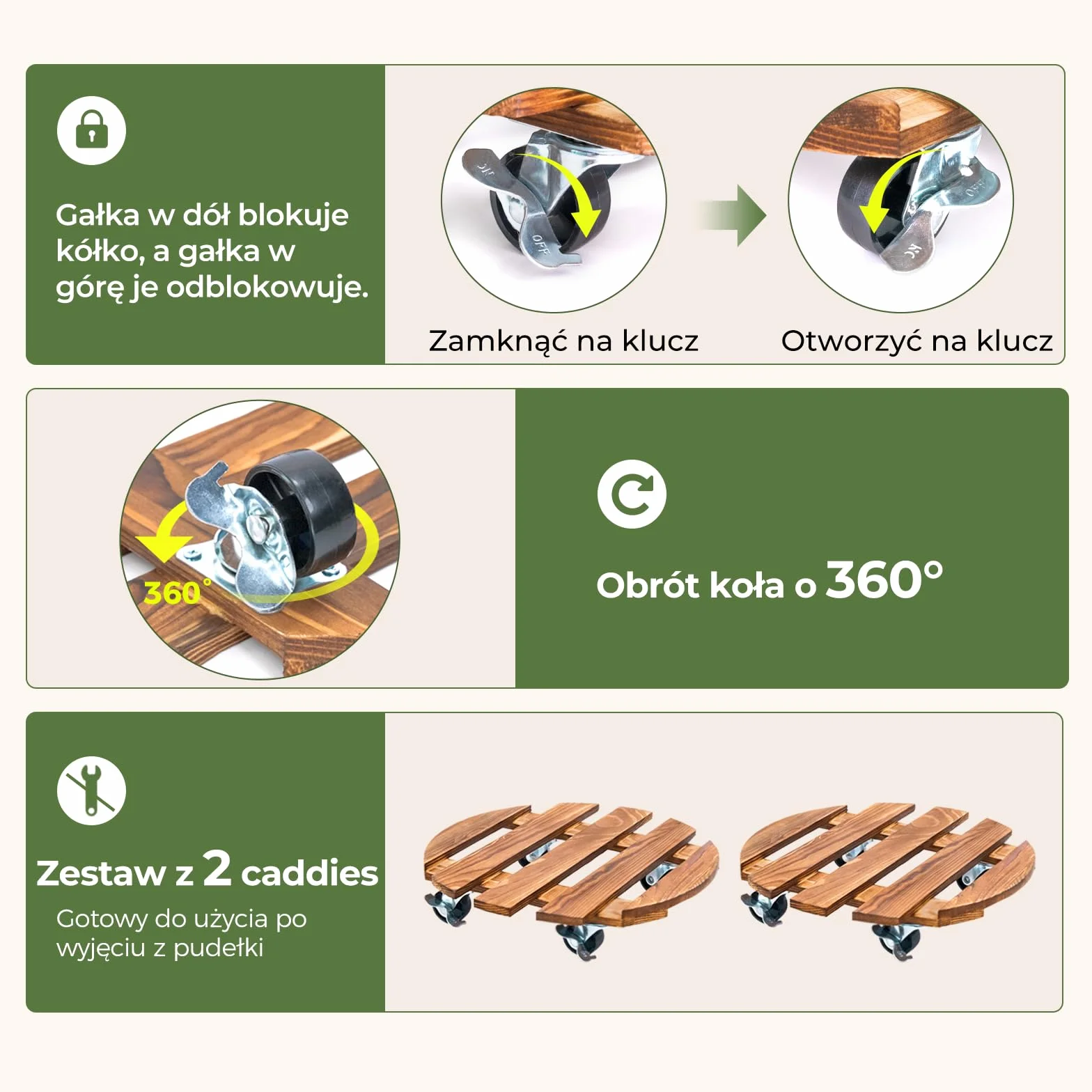 Bamworld Rolki do Roślin Drewniane Okrągłe Zestaw 2 szt.stabilna rolka do roślin outdoor odporna na warunki atmosferyczne z hamulcem, podstawka pod doniczkę z kółkami Ø 30.5 cm