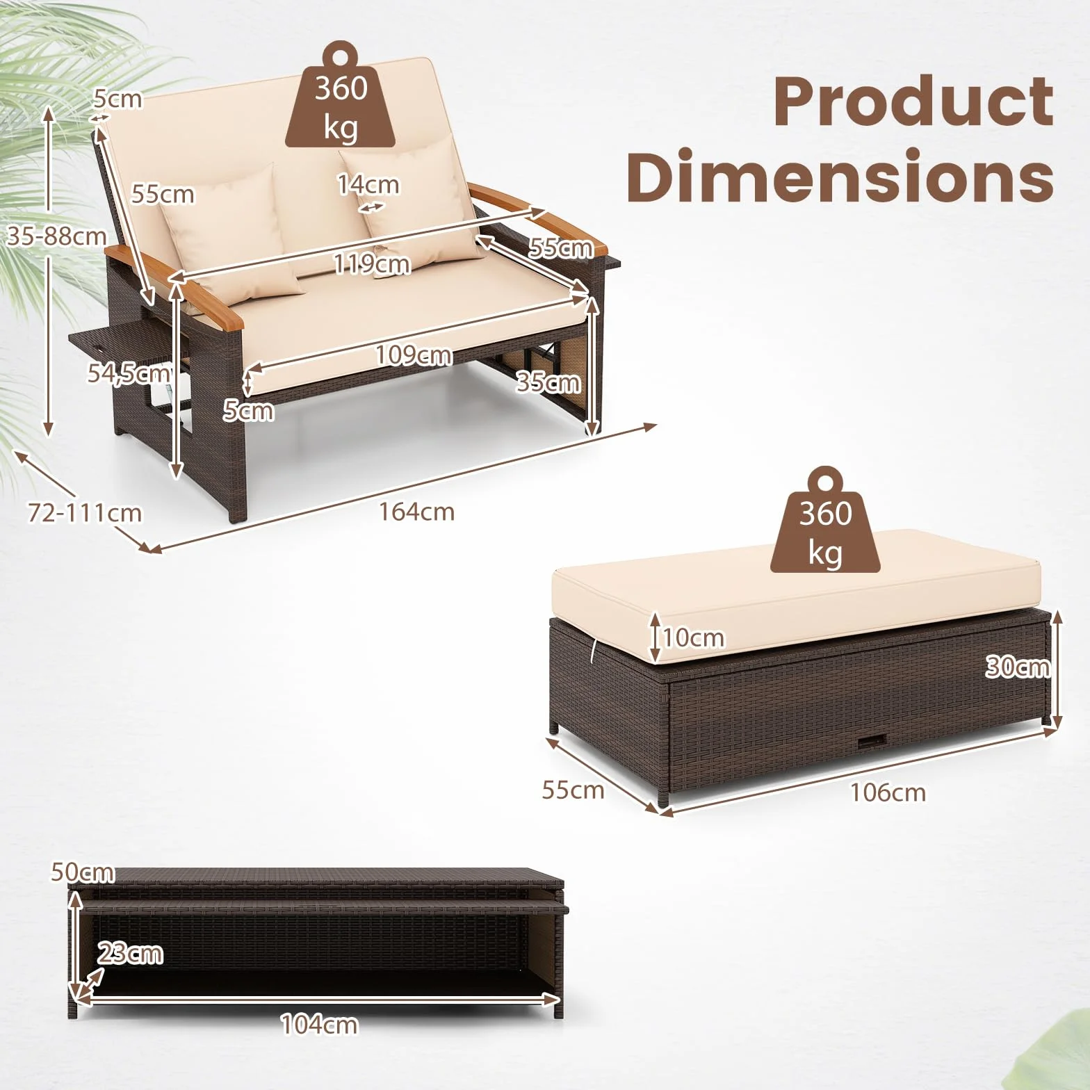 LIFEZEAL salon ogrodowy 2-osobowa sofa z regulowanym oparciem 4-pozycyjnym rattan PE obciążenie 360 kg