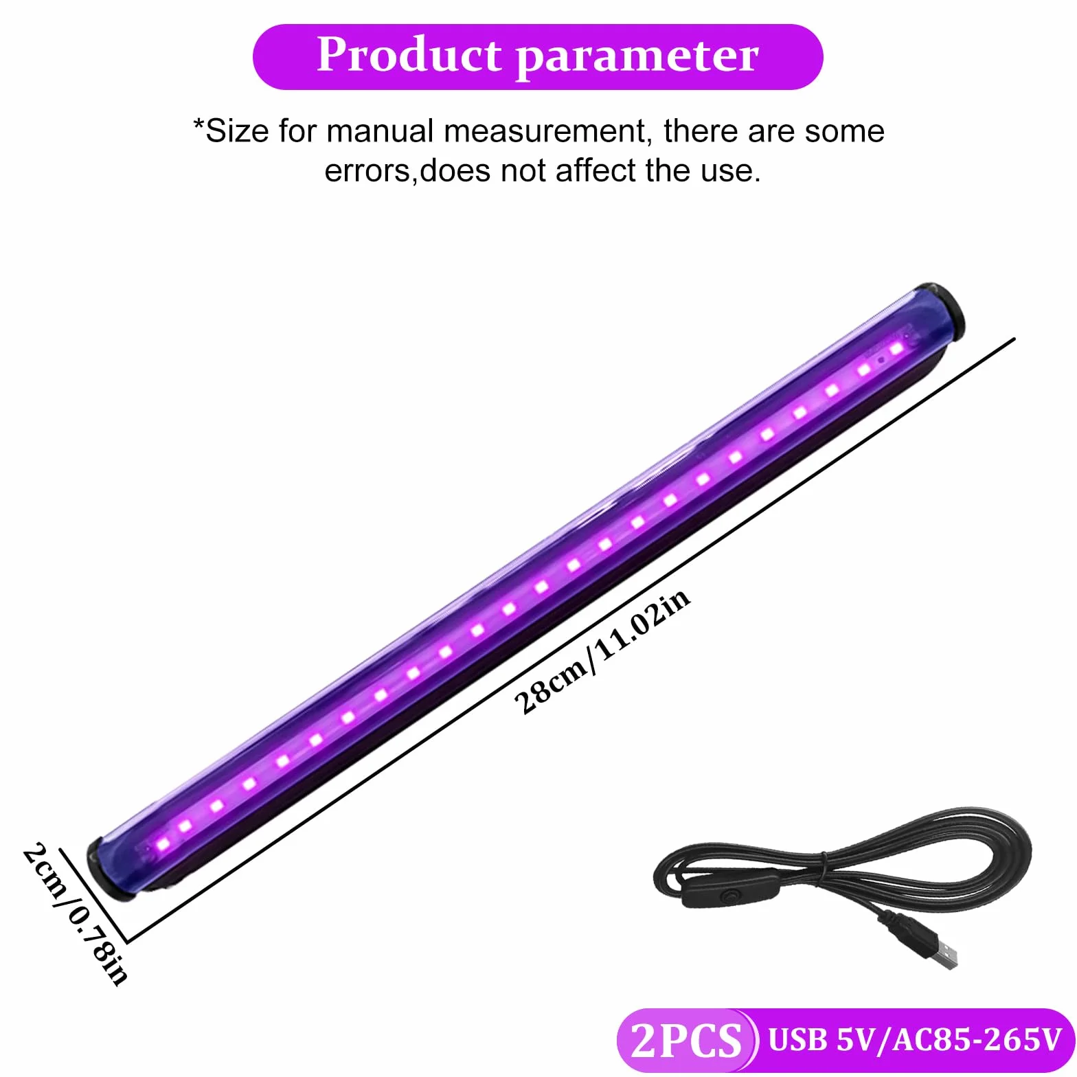 2 sztuki Lampa UV z przełącznikiem i wtyczką - czarna listwa LED, świetlówka ultrafioletowa na imprezę, farba fluorescencyjna, plakat fluorescencyjny, bar