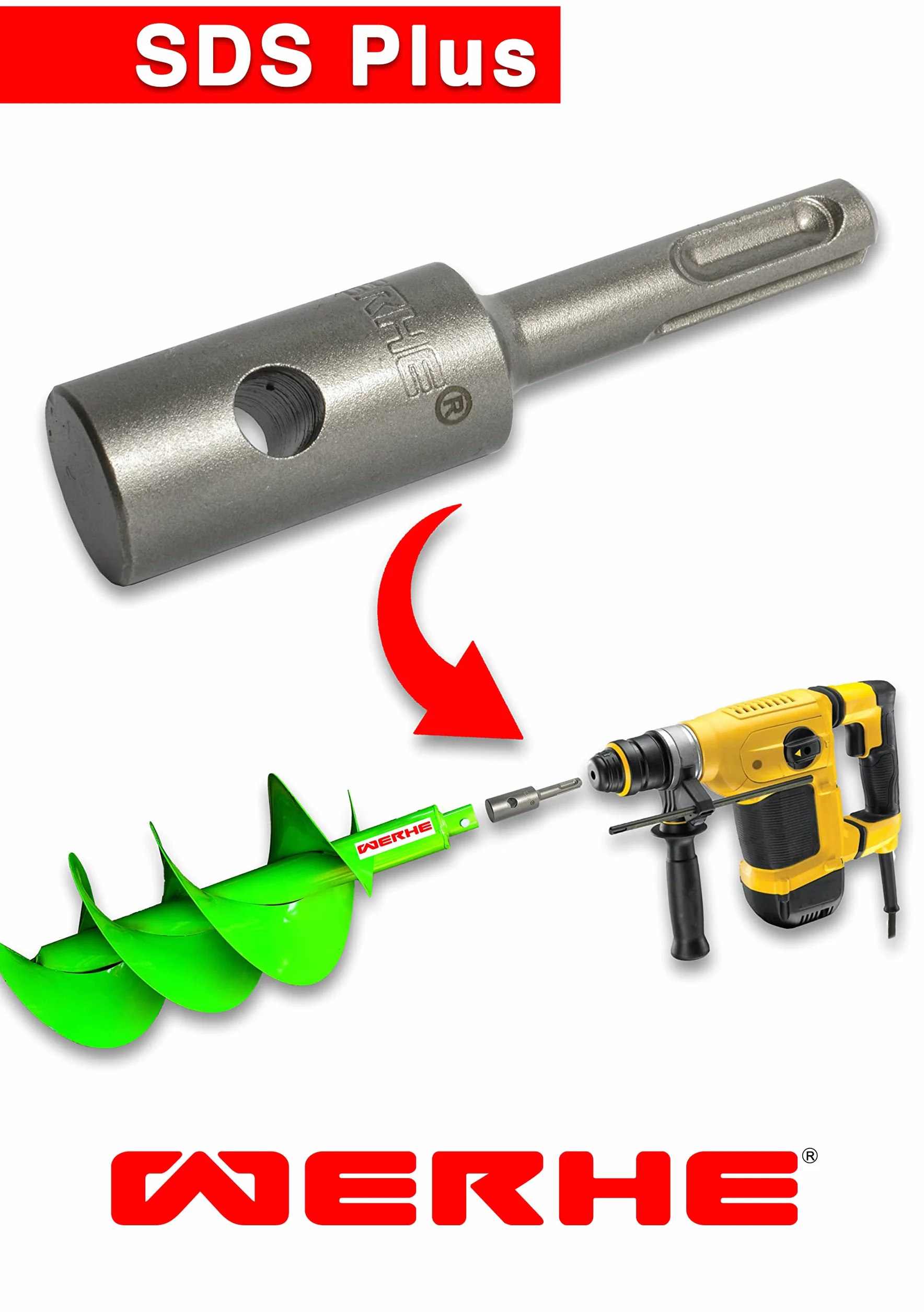 WERHE Świder ziemny do wiertarki z adapterem SDS Plus ⌀50 mm, długość 80 cm - świder do studni, świder do sadzenia drzew, świder do otworów ziemnych, świder do pali, świder do przepustów
