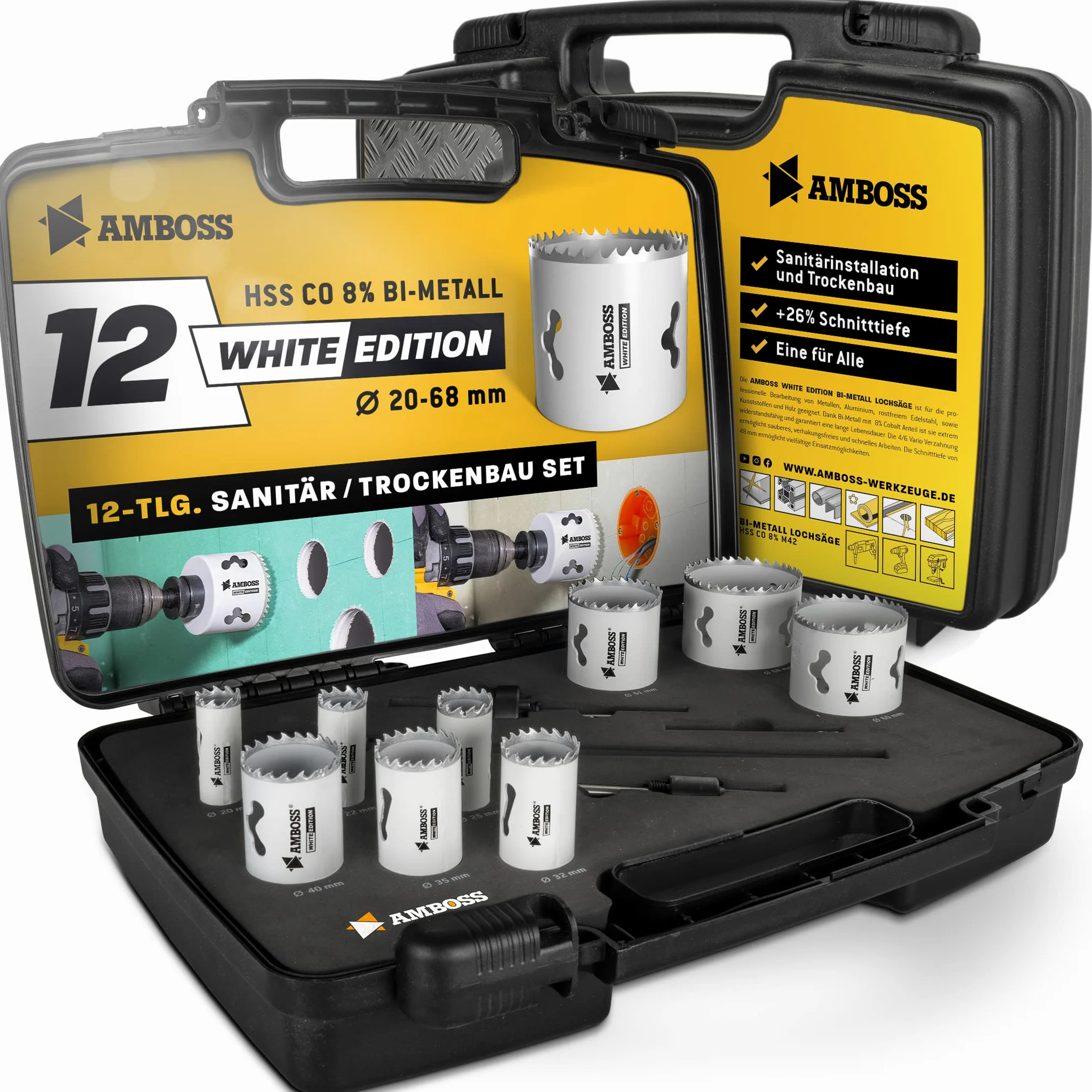 Amboss M 42 bimetalowe otwornice zestaw Ø 20-68 mm (12-częściowy) / do aluminium, stali, płyt gipsowo-kartonowych, drewna itp. / White Edition 12 Universal Power Set