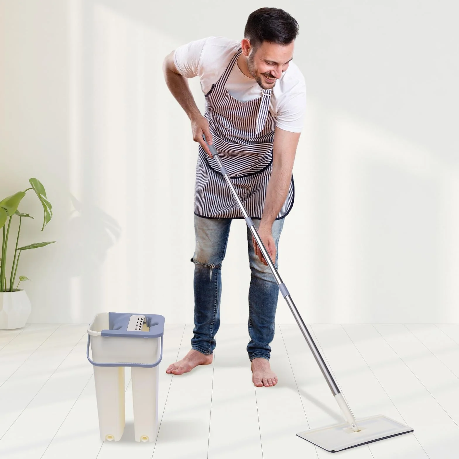 Biznesowy mop i wiadro 360° zestaw mopa i wiadra z 10 wymiennymi wiaderkami z mikrofibry, możliwość prania w pralce do czyszczenia na sucho i na mokro.